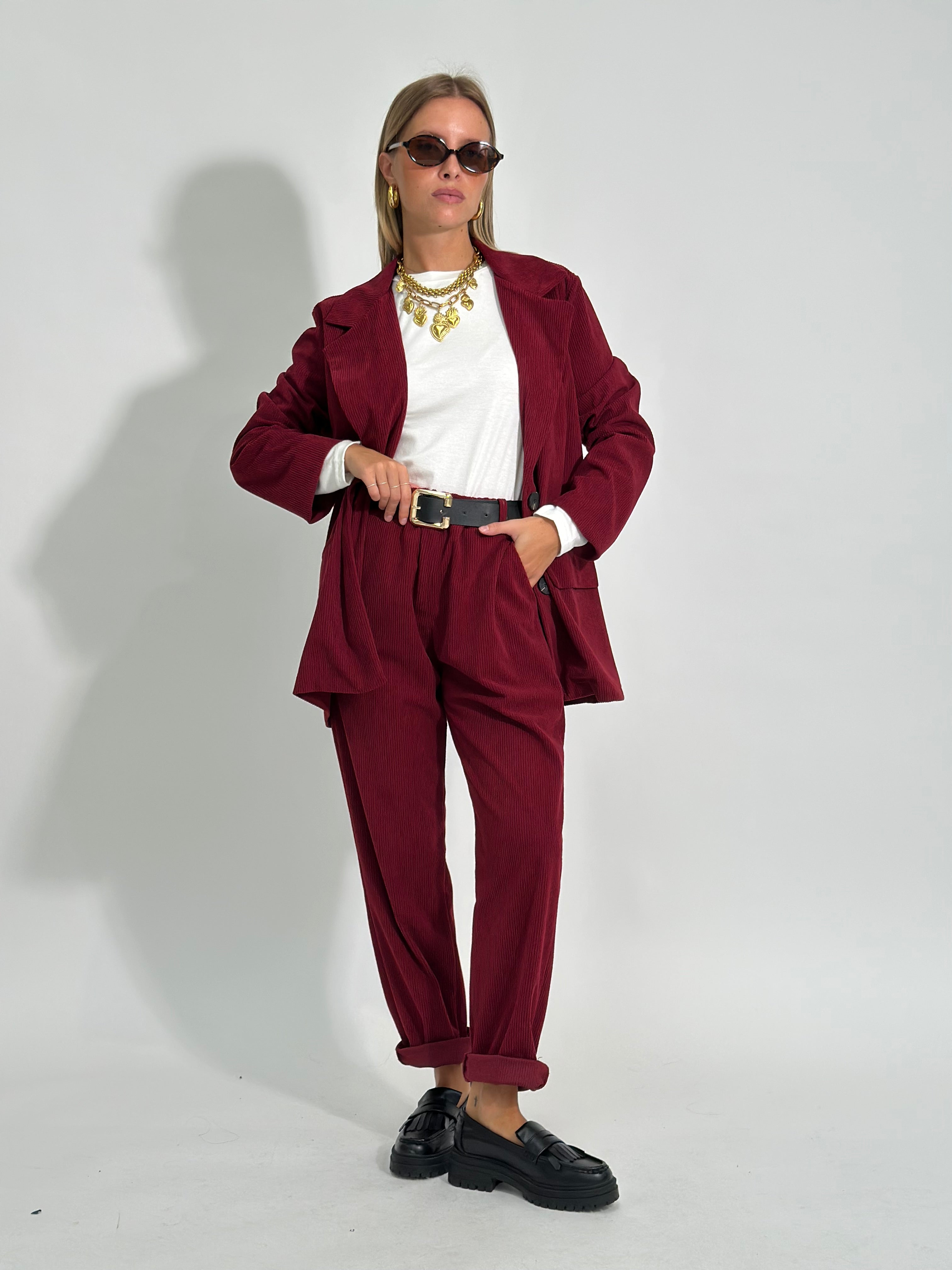 Pantalone velluto cintura 25337BURGUNDY