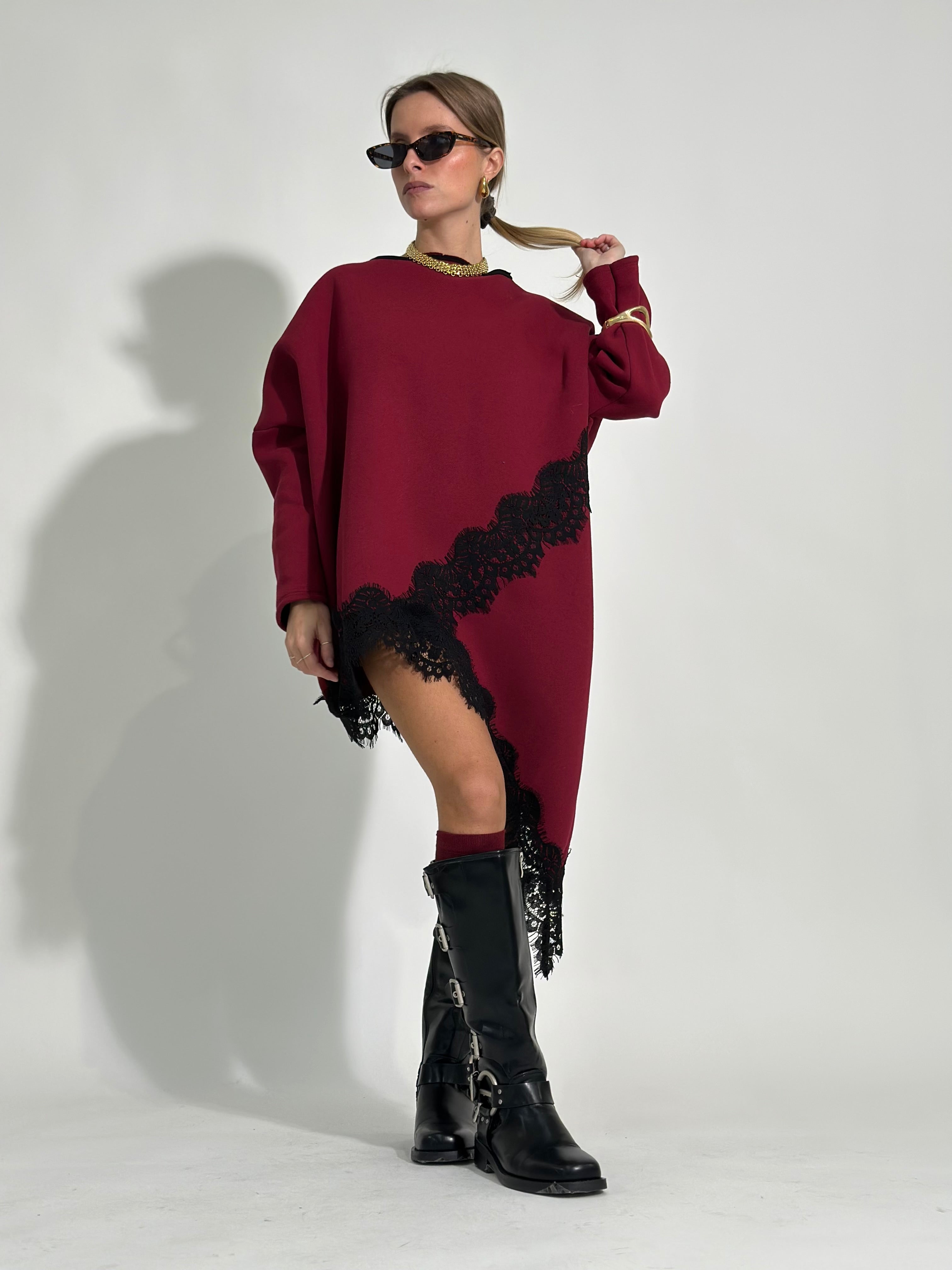 Felpa asimmetrica pizzo 80510 bordò