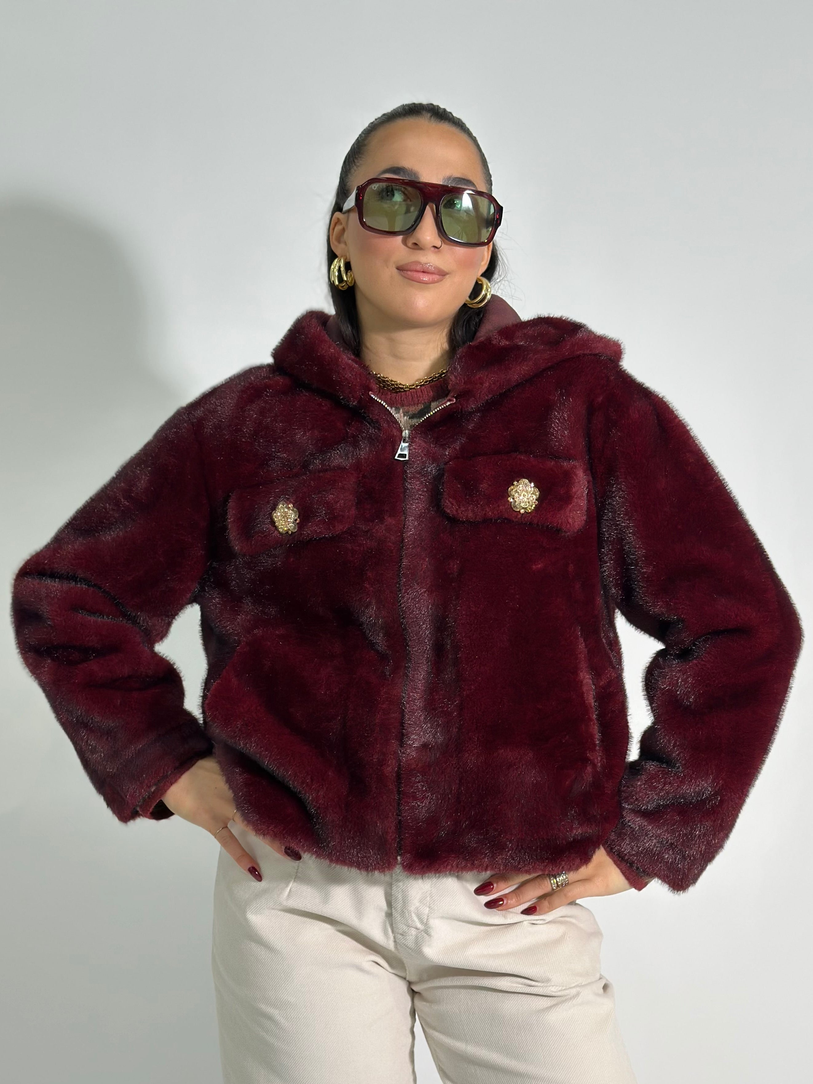 Pelliccia cappuccio 30078 BURGUNDY