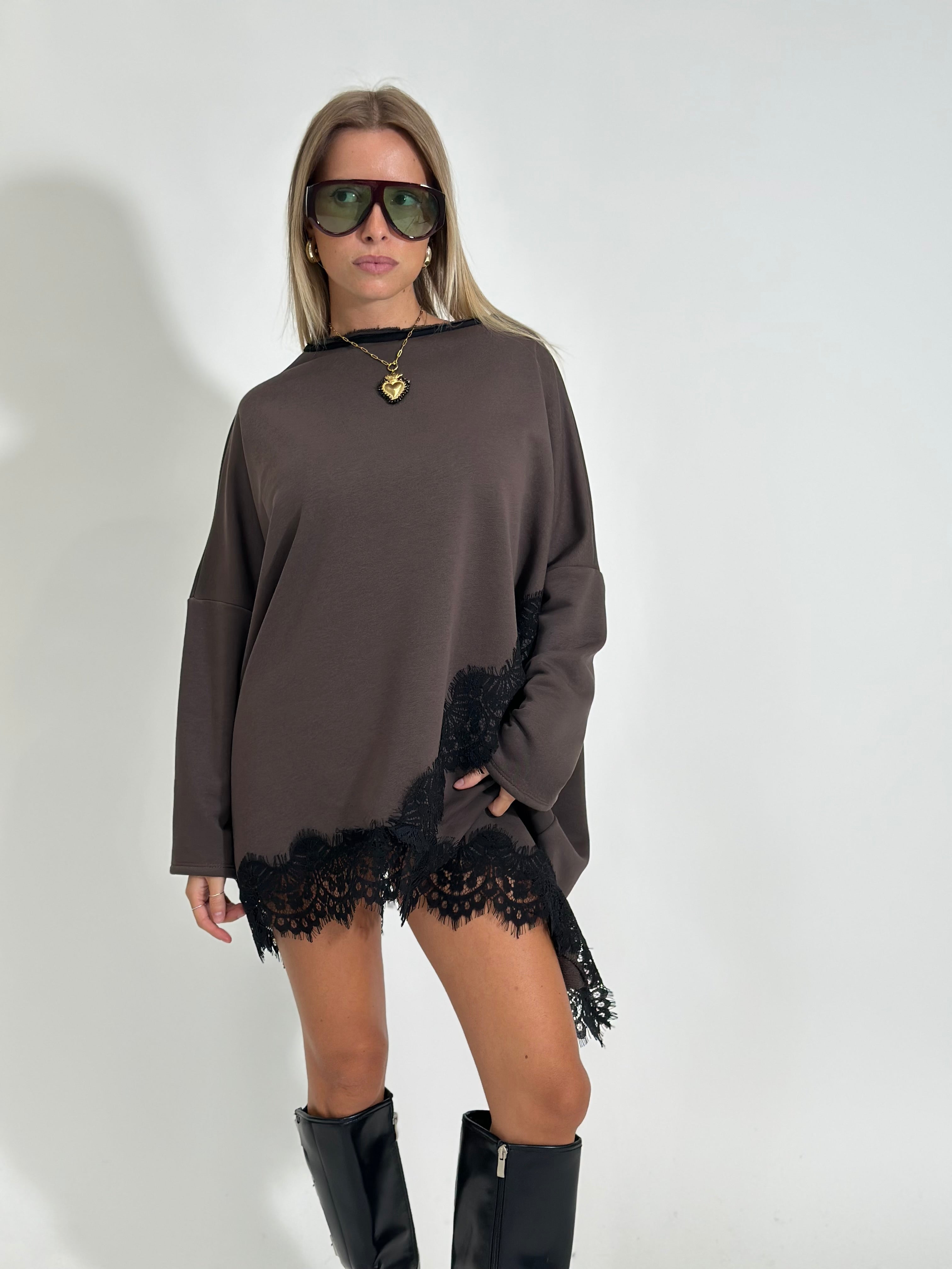Felpa asimmetrica pizzo 80292 MORO