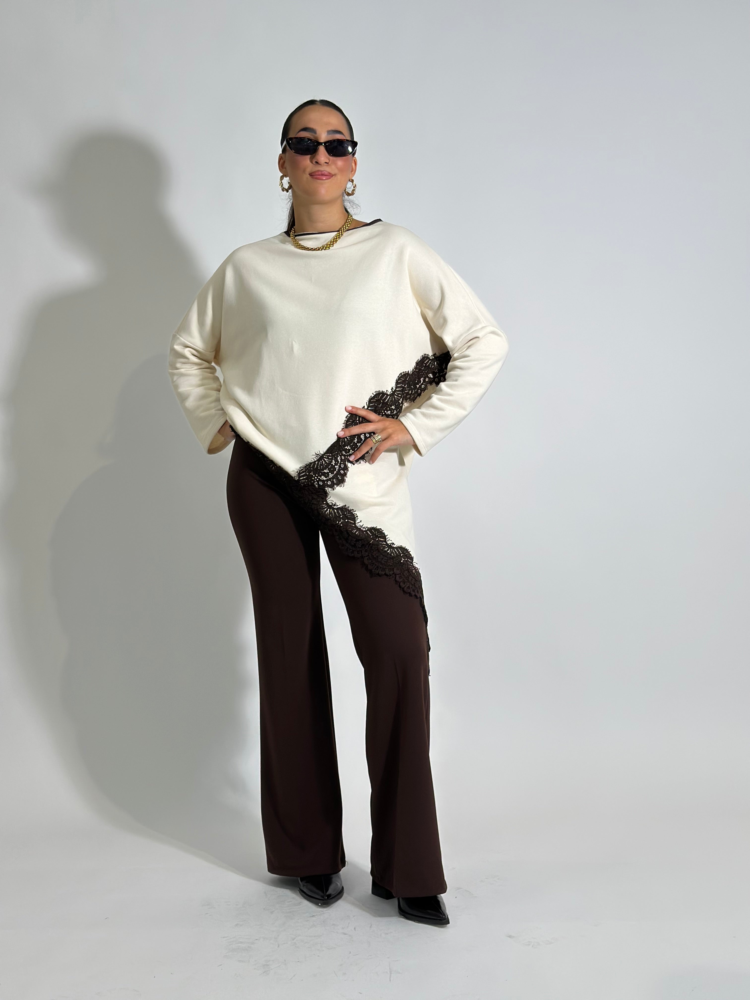 Felpa asimmetrica pizzo 80292 PANNA