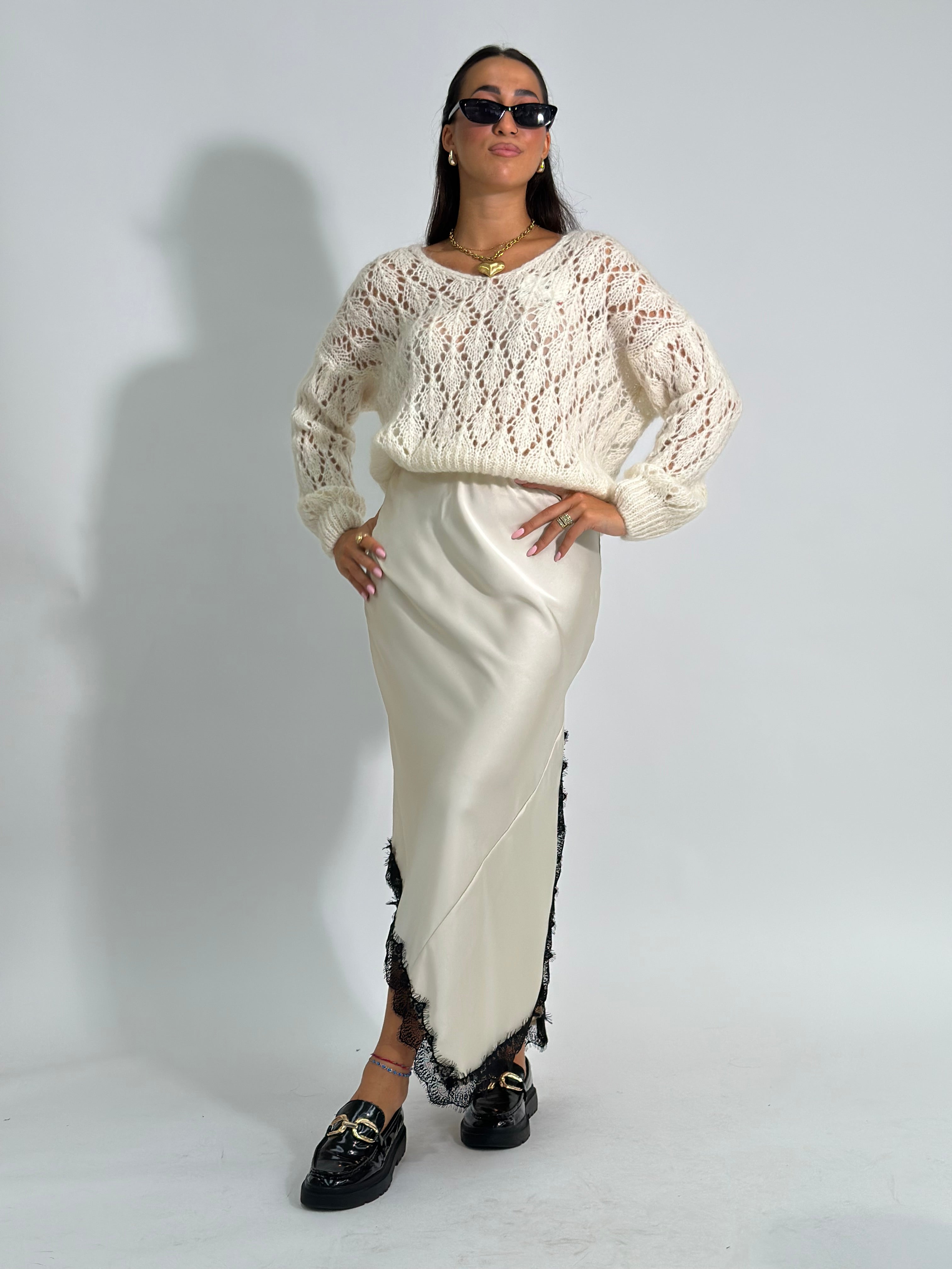 Gonna satin pizzo 19650 PANNA