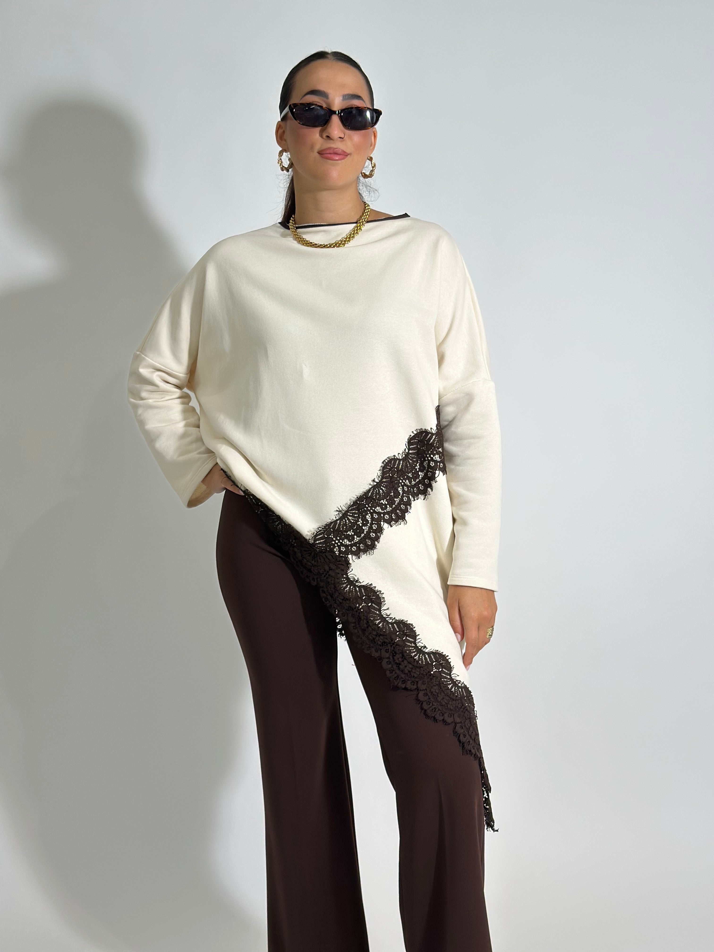 Felpa asimmetrica pizzo 80292 PANNA