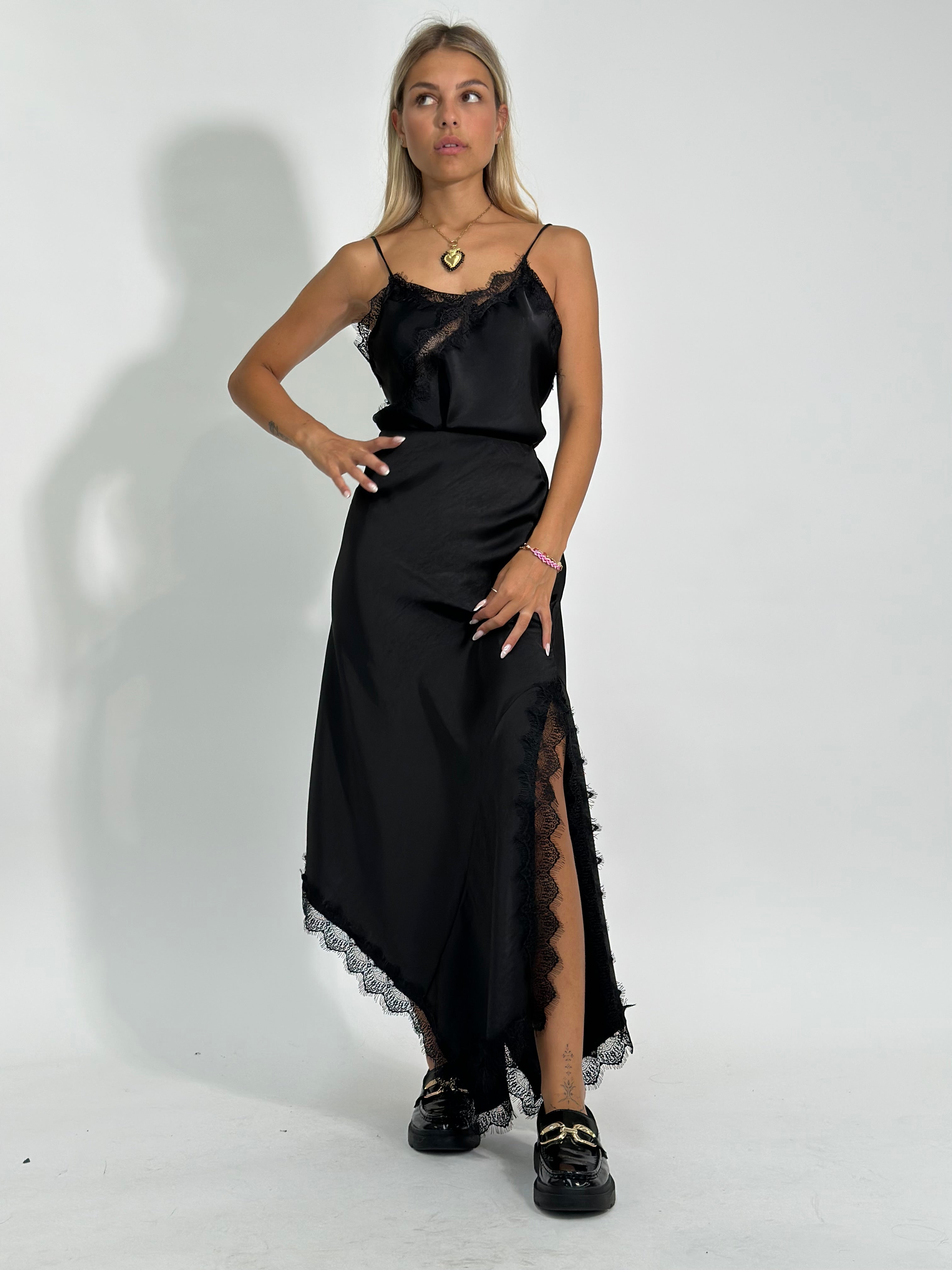 Gonna satin pizzo 19650 NERO