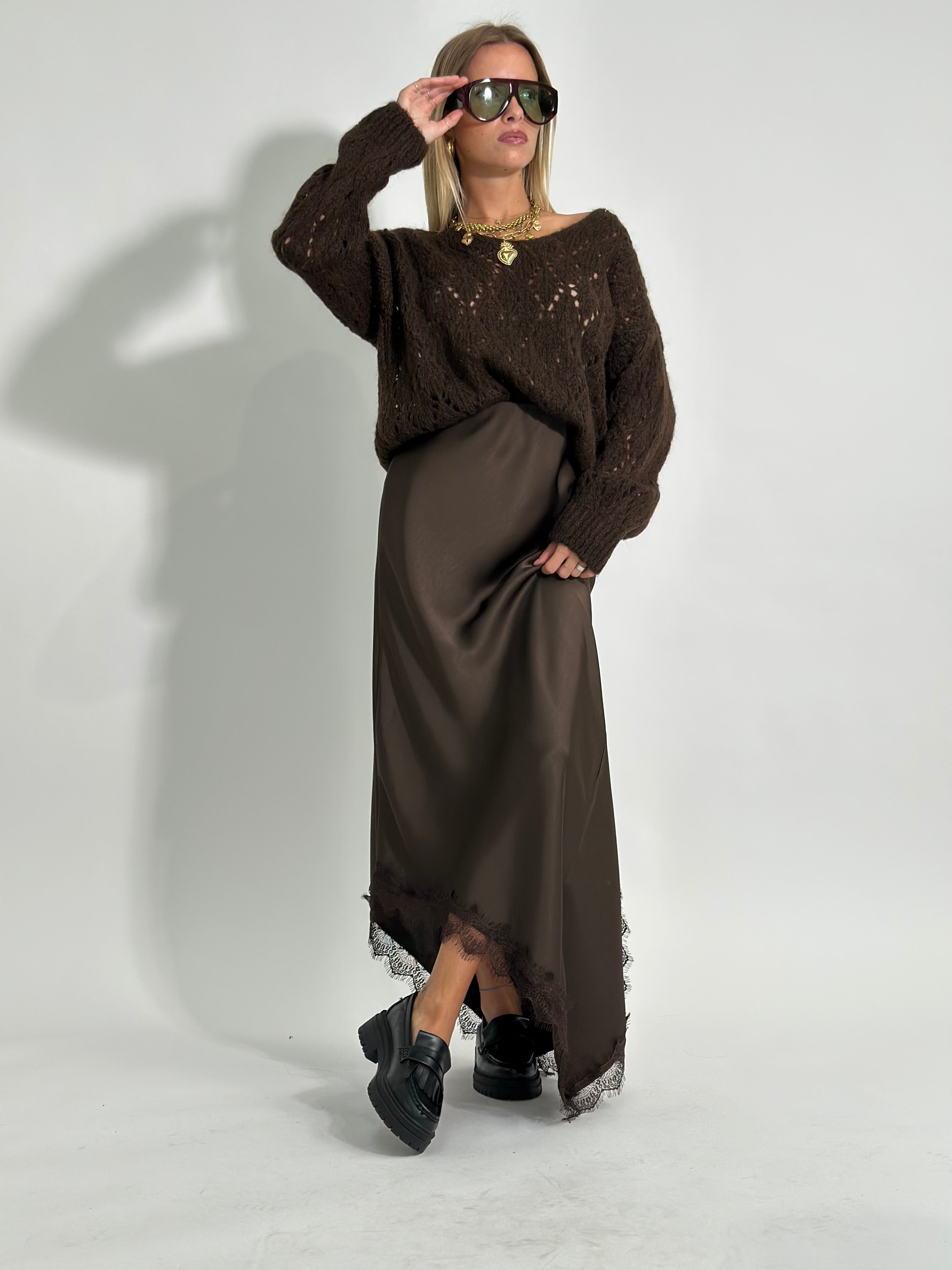 Gonna satin pizzo 19650 MARRONE