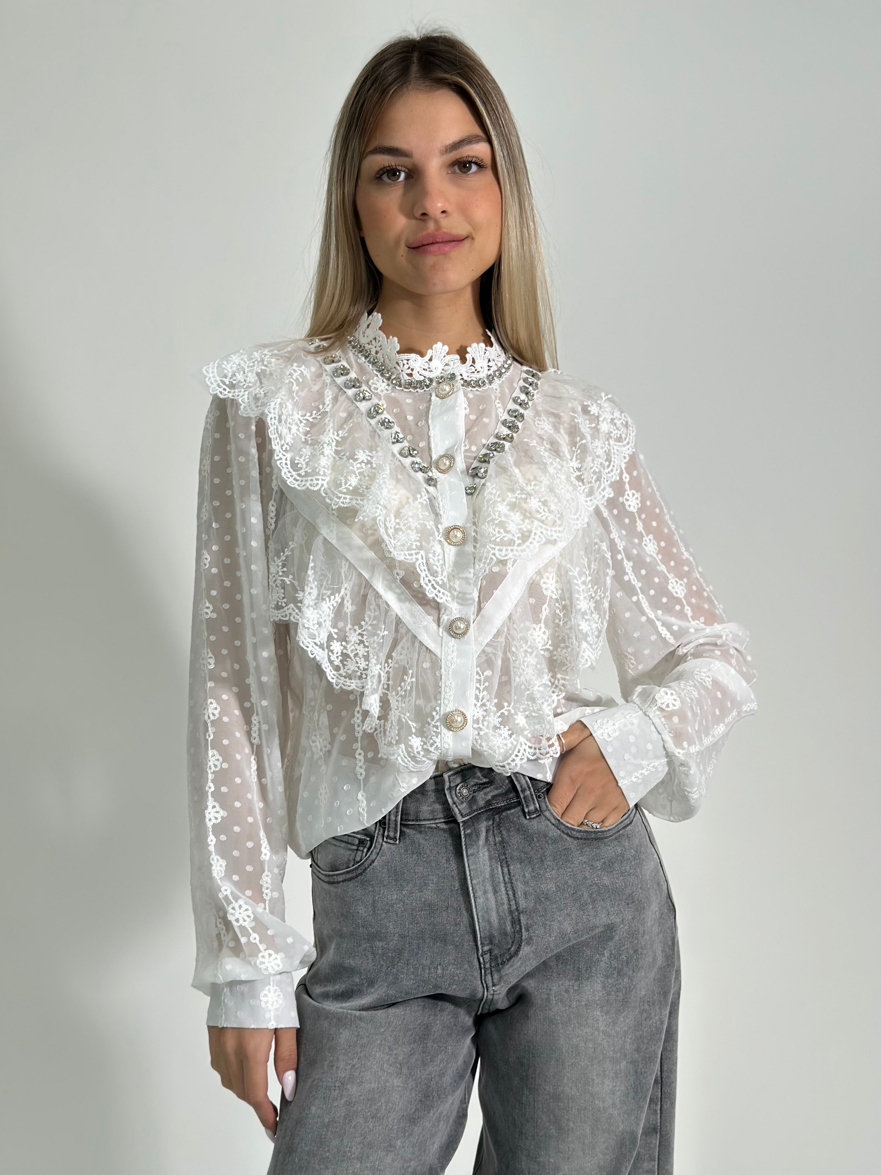 Camicia volant strass 347-1 BIANCO