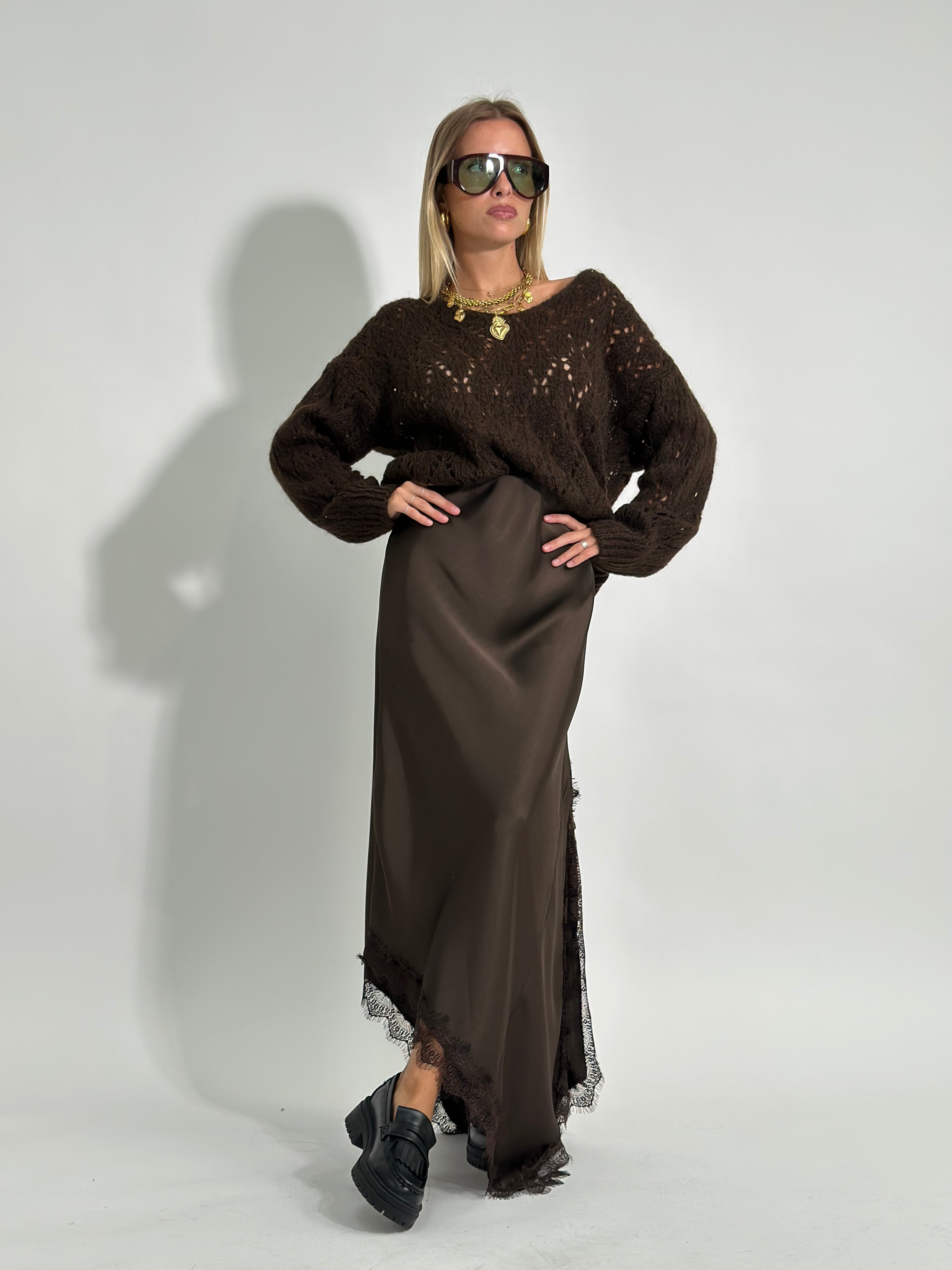 Gonna satin pizzo 19650 MARRONE
