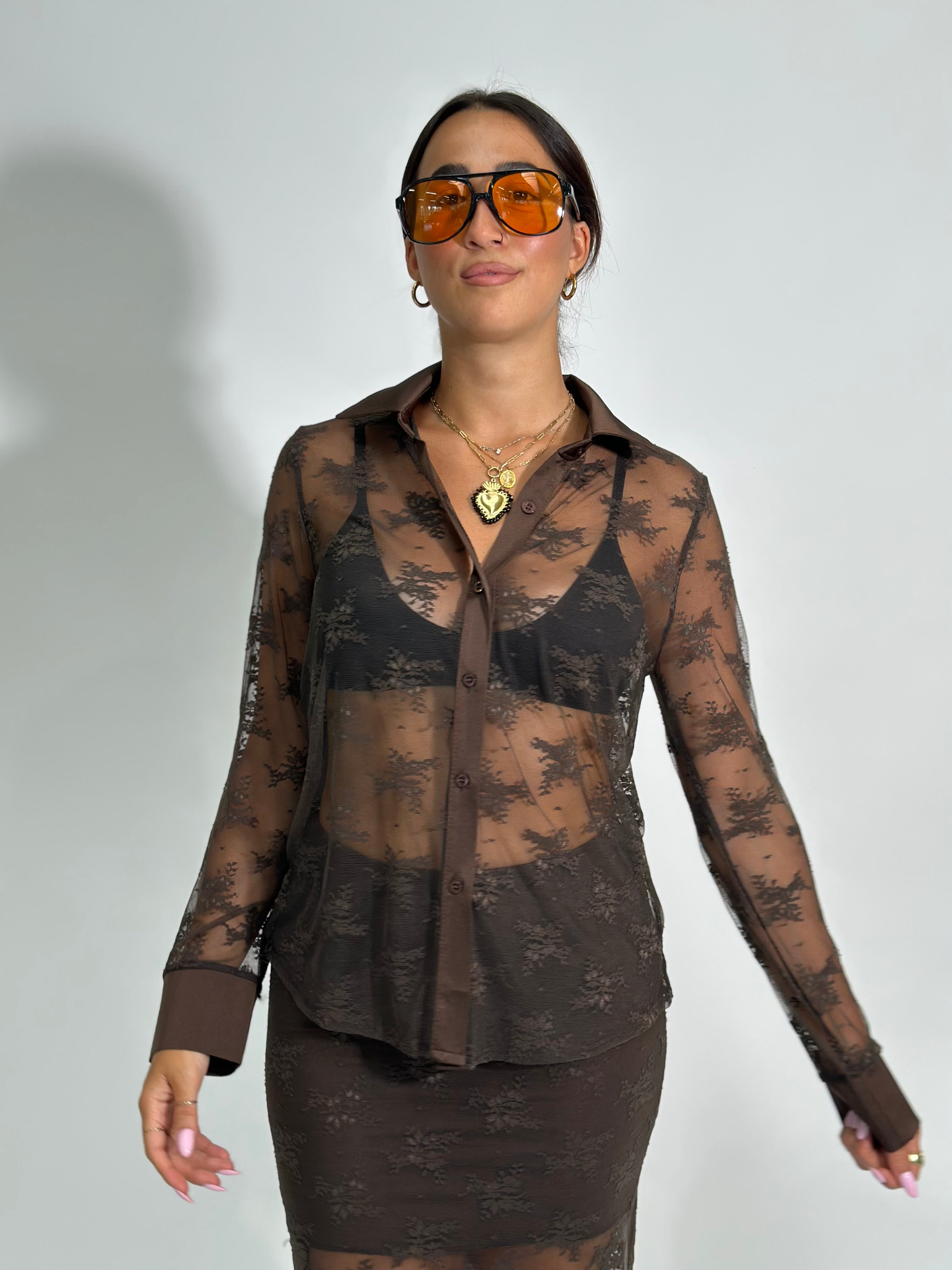 Camicia pizzo L3160 MARRONE