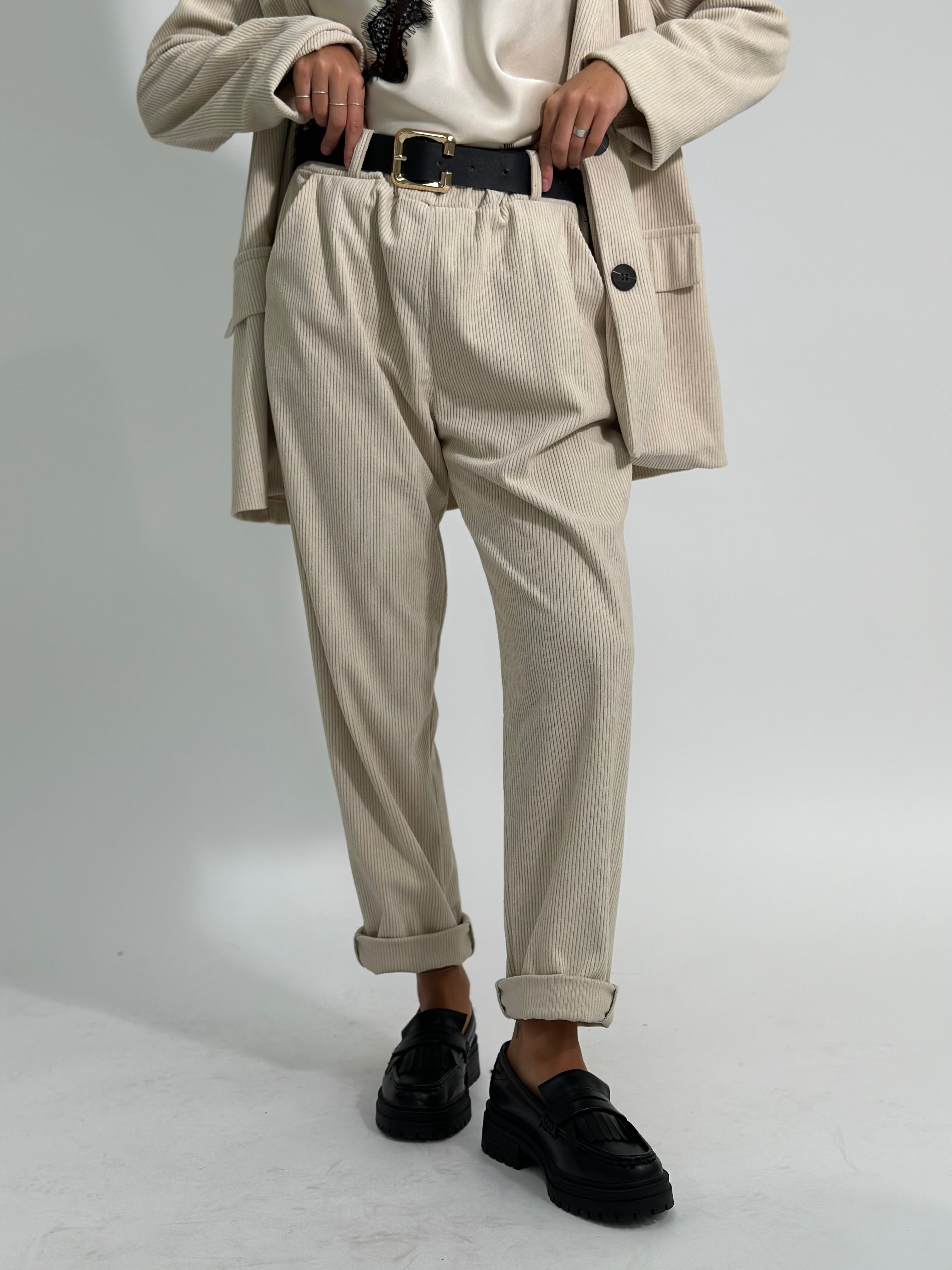 Pantalone velluto cintura 25337 PANNA