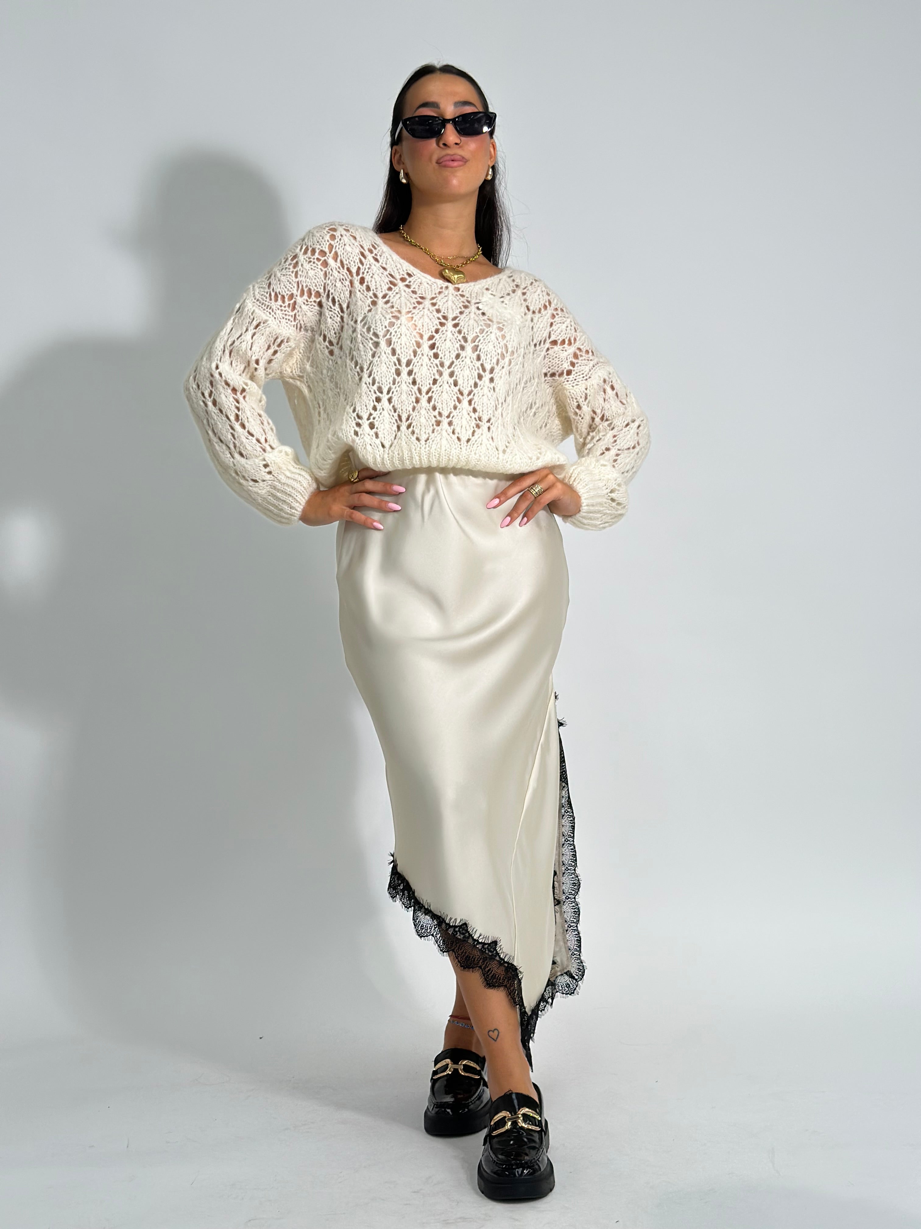 Gonna satin pizzo 19650 PANNA