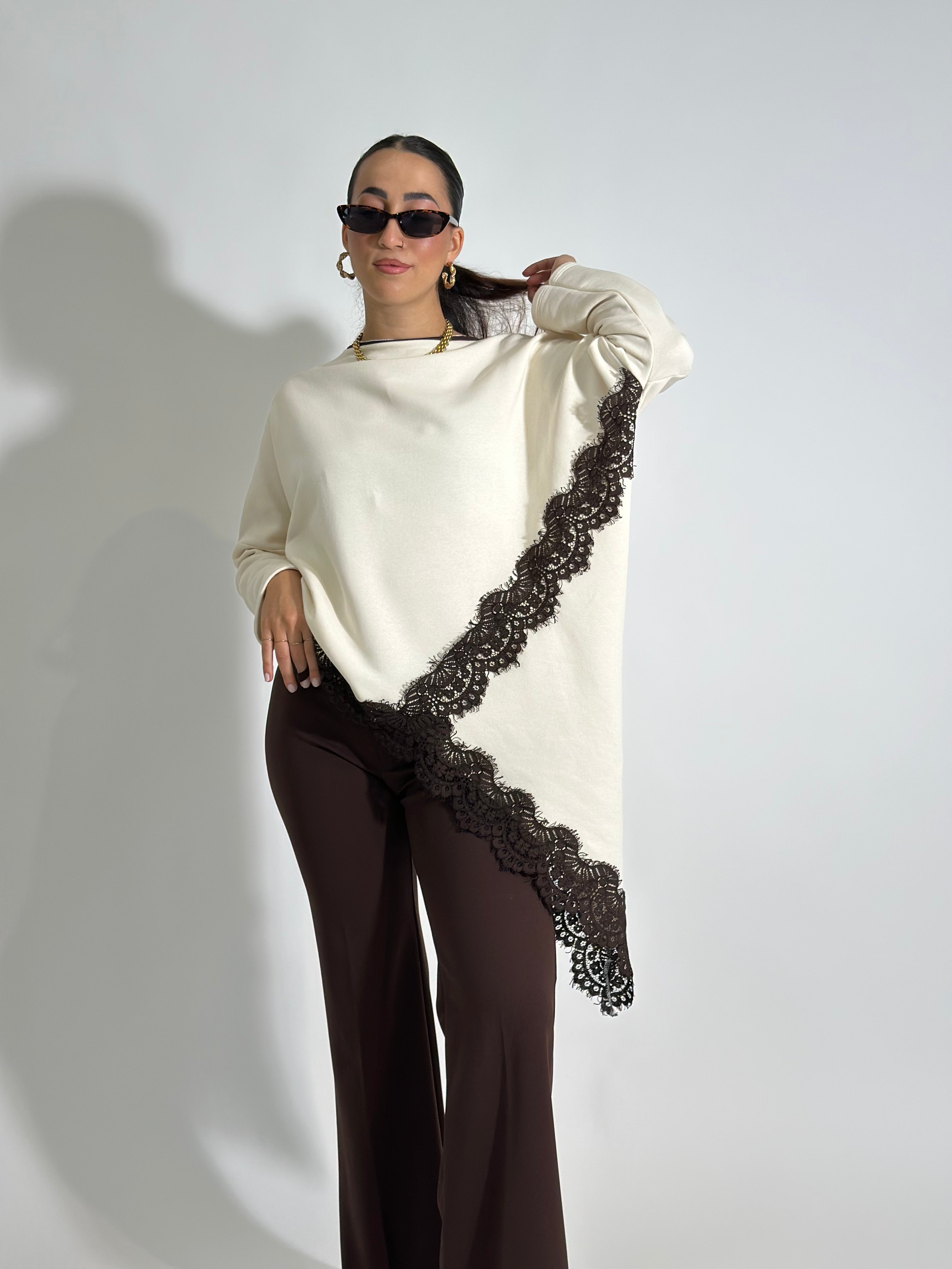 Felpa asimmetrica pizzo 80292 PANNA
