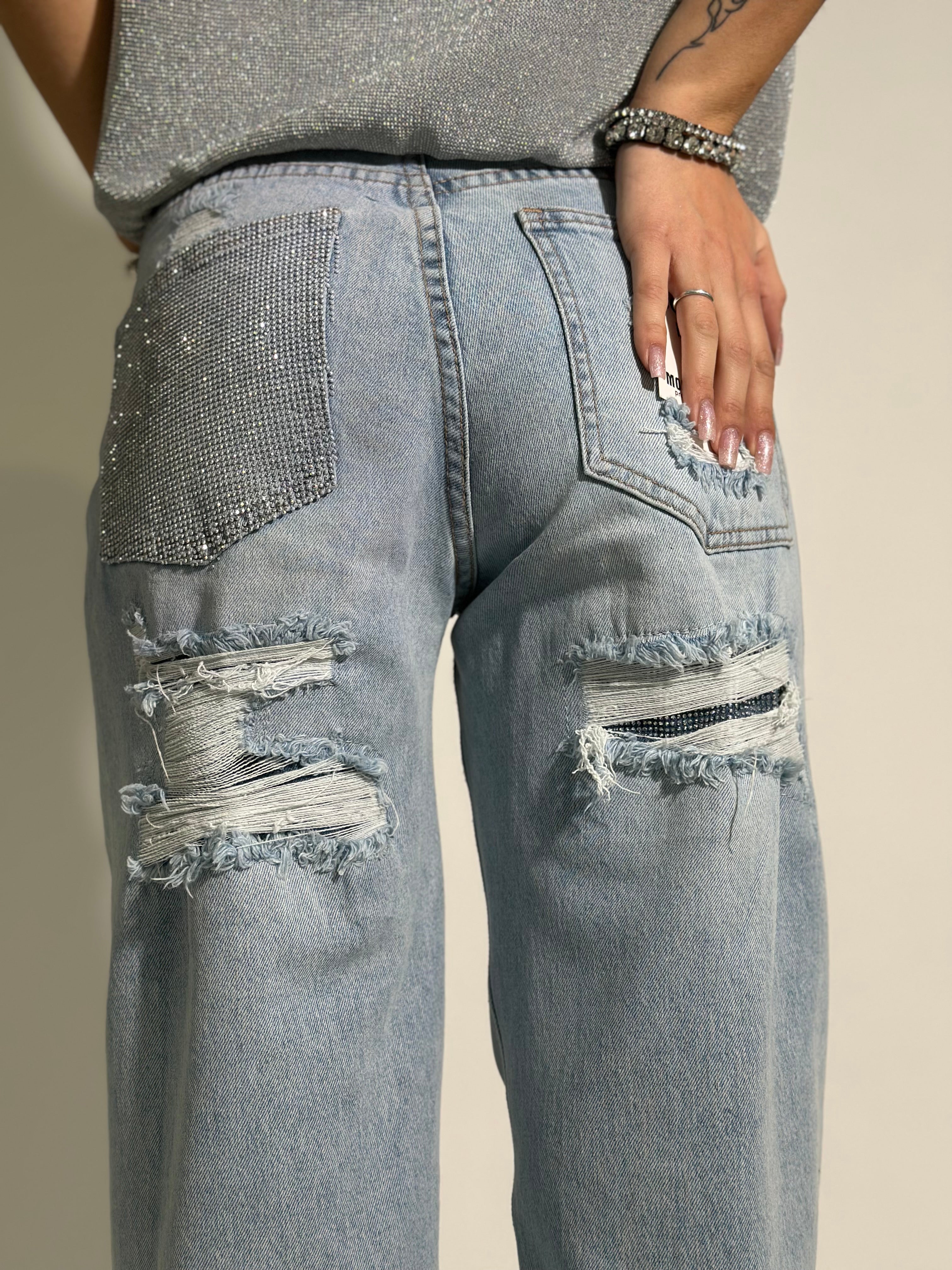 Jeans strappi + strass T63-3
