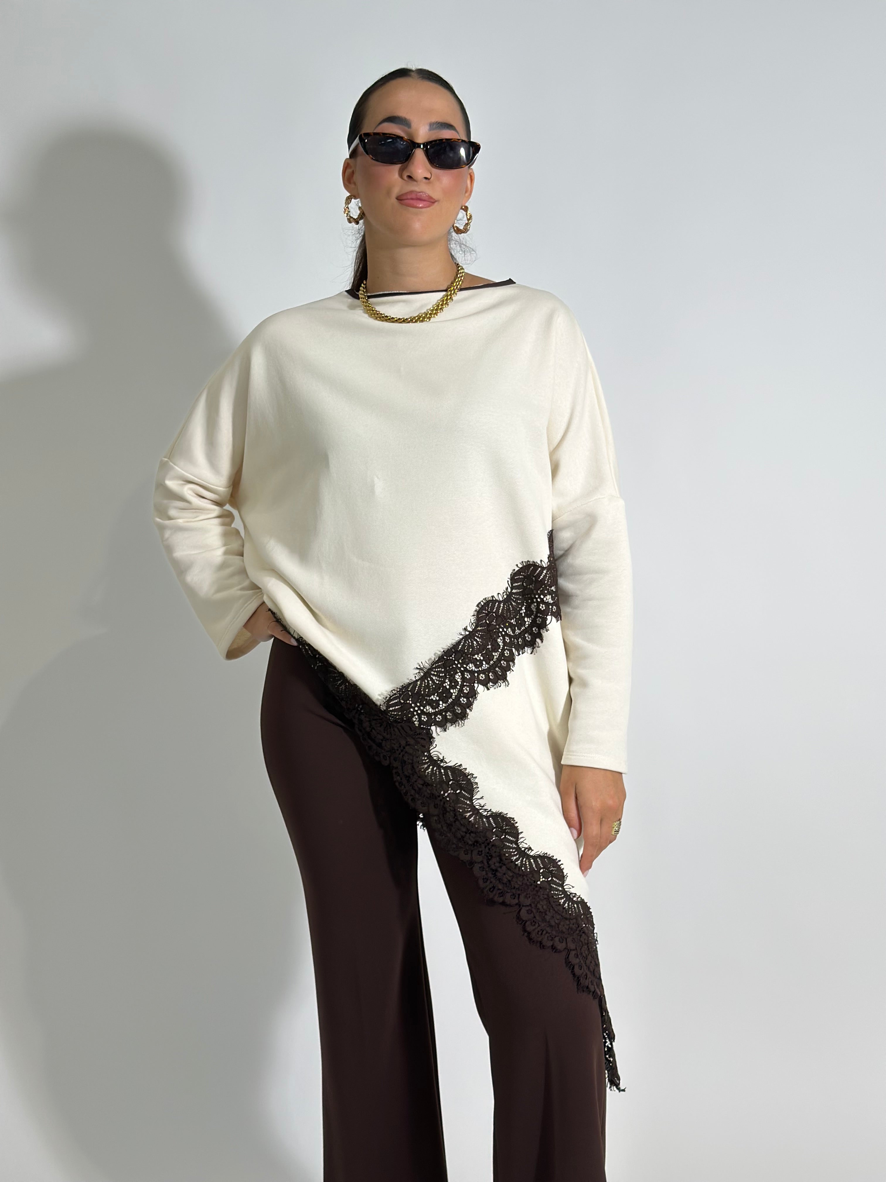 Felpa asimmetrica pizzo 80292 PANNA