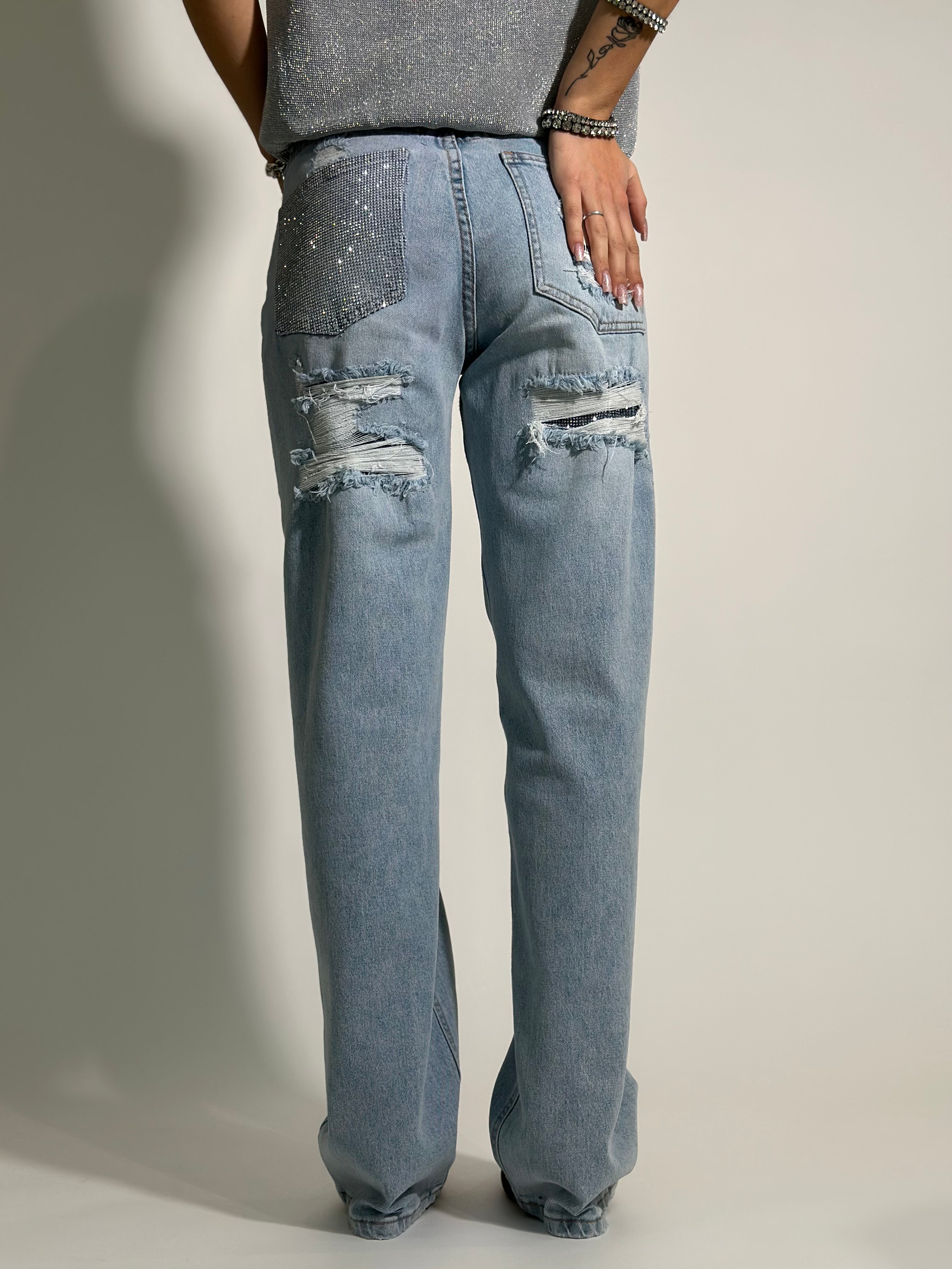 Jeans strappi + strass T63-3