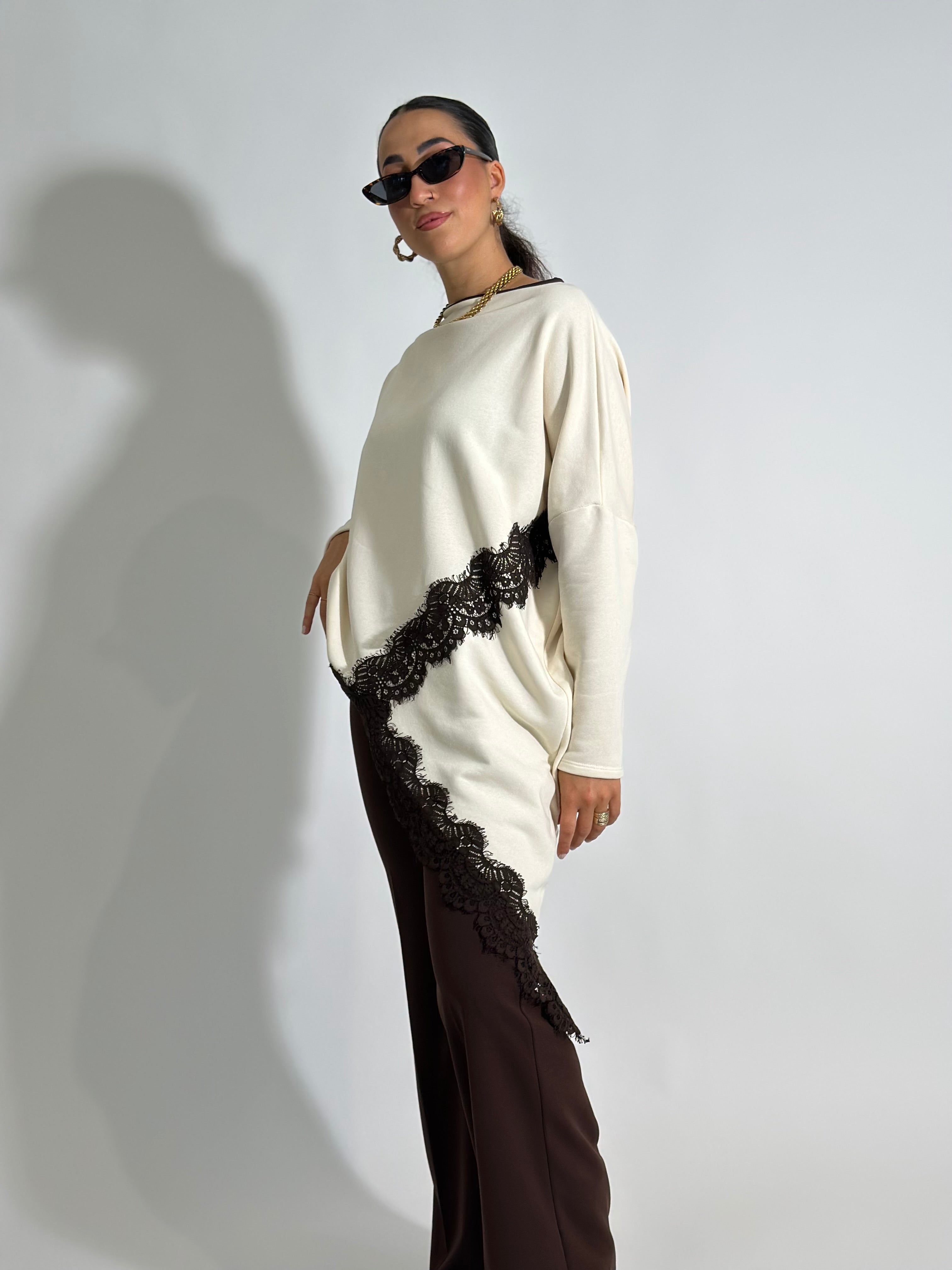 Felpa asimmetrica pizzo 80292 PANNA
