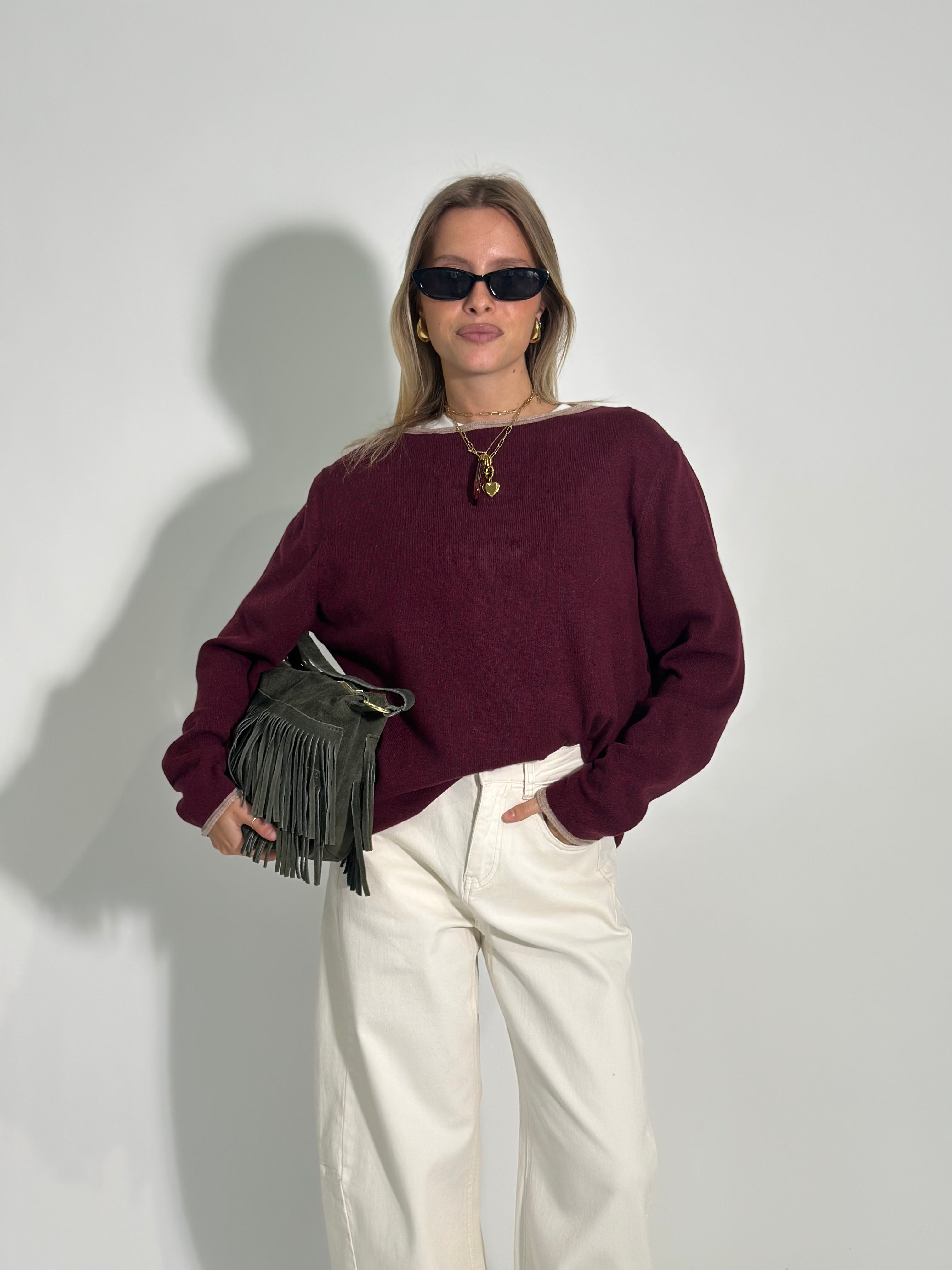 Maglia cashmere blend Bicolore 6635 BURGUNDY