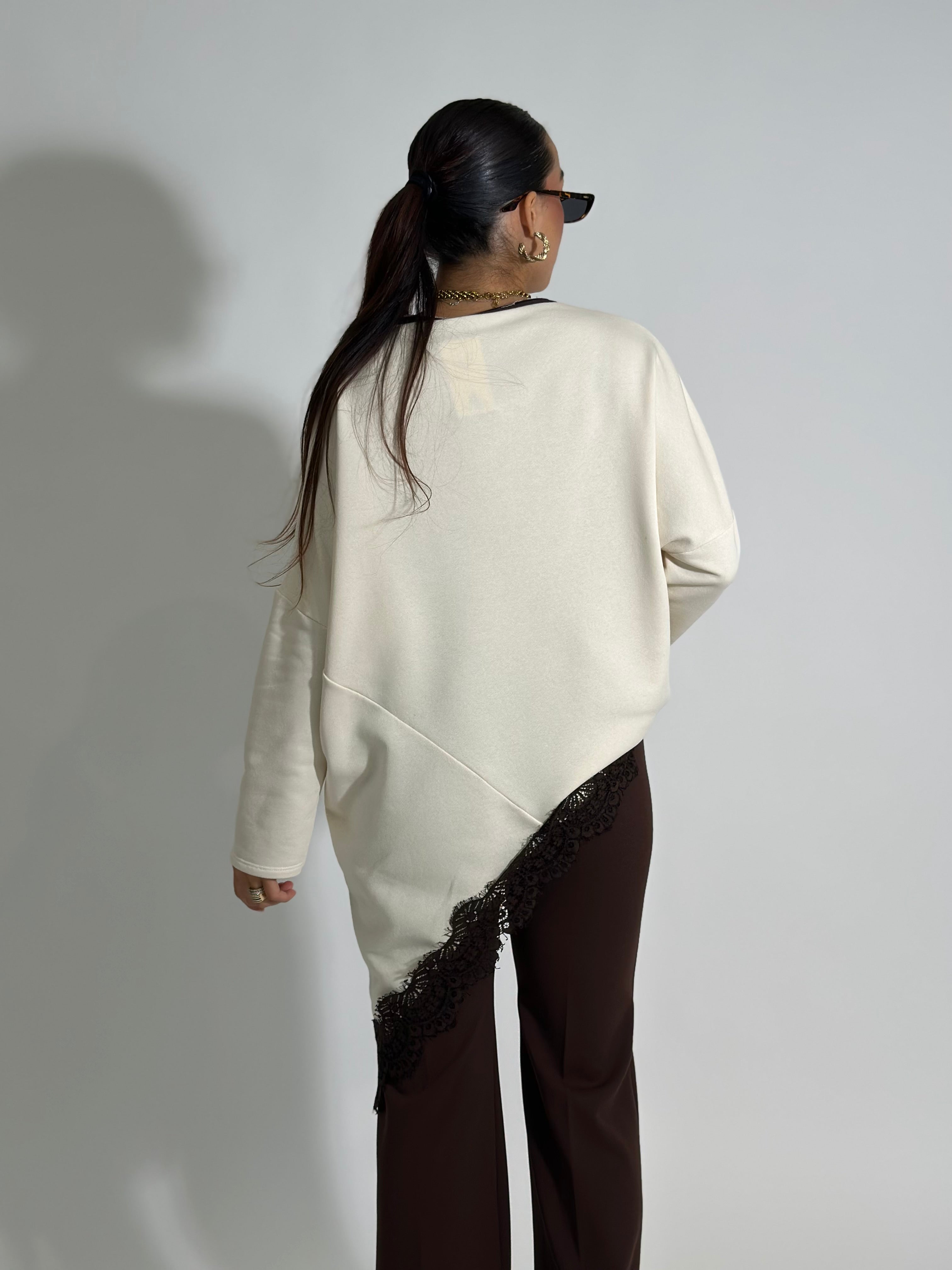 Felpa asimmetrica pizzo 80292 PANNA