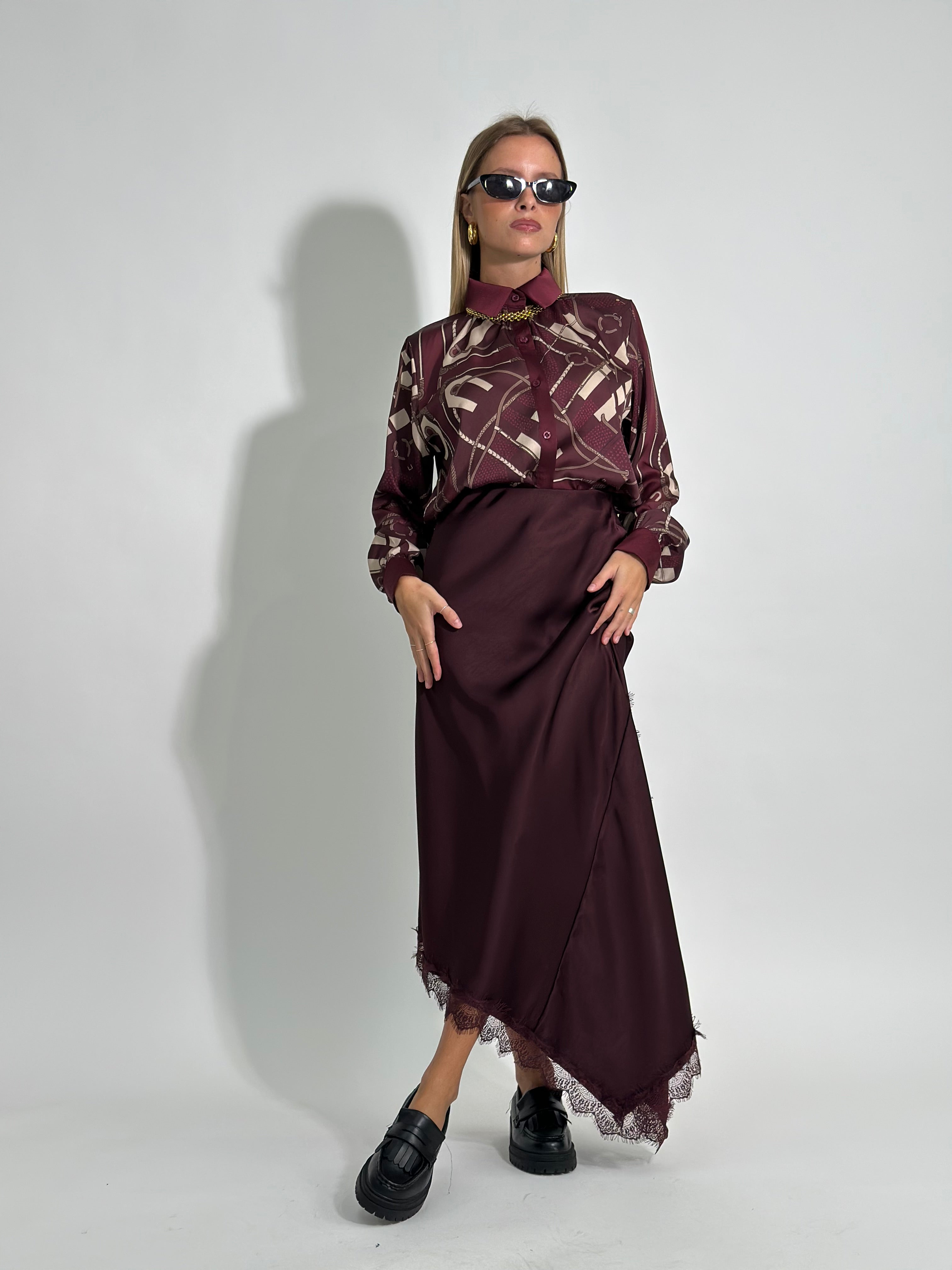 Gonna satin pizzo 19650 BURGUNDY