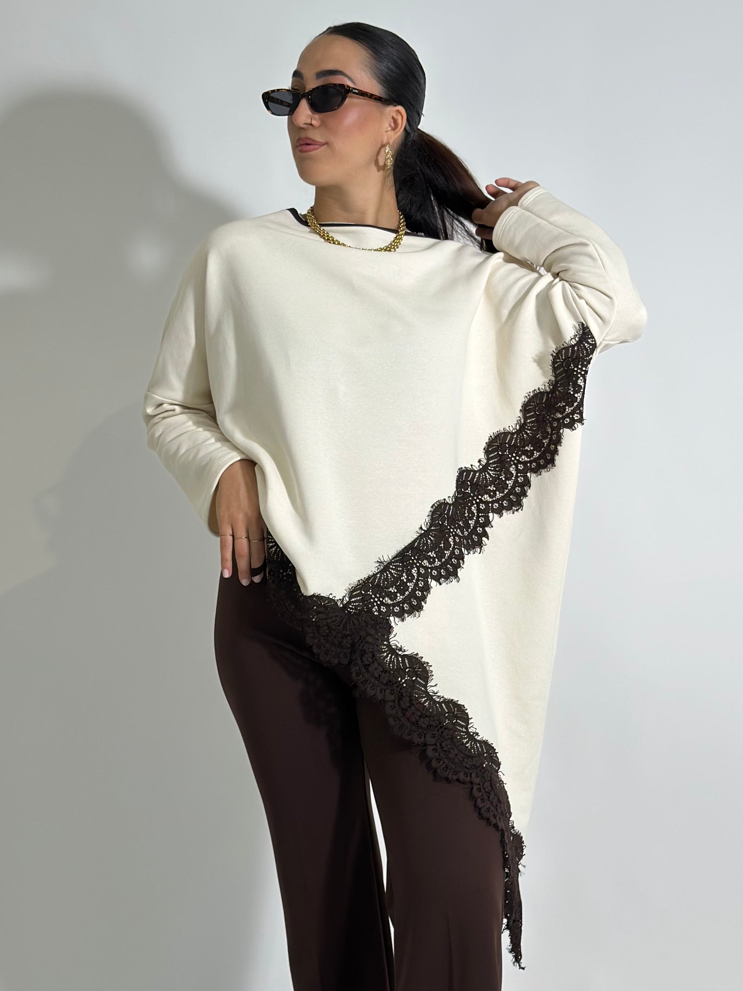 Felpa asimmetrica pizzo 80292 PANNA