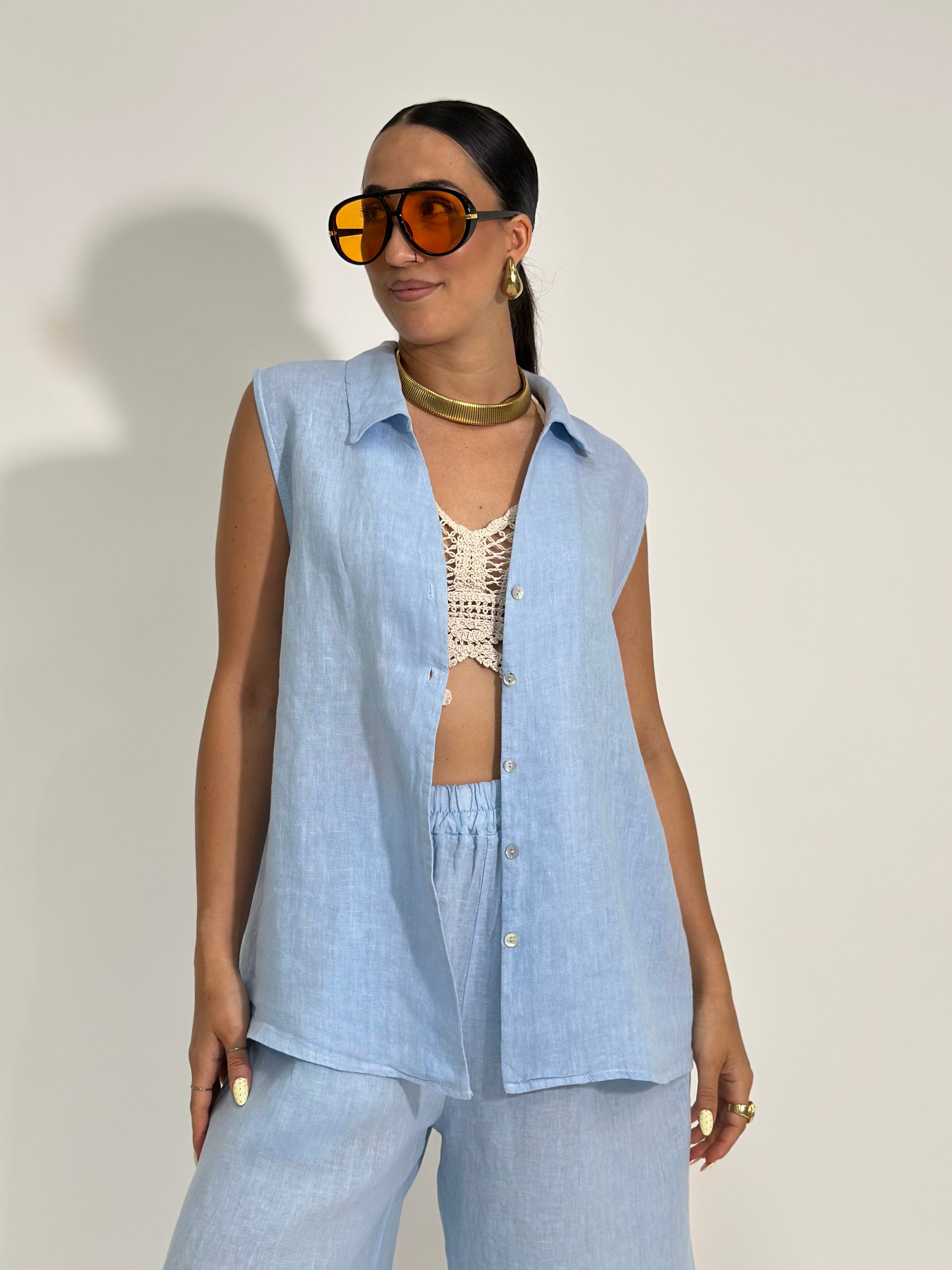 Camicia lino smanicata 5611 AZZURRO