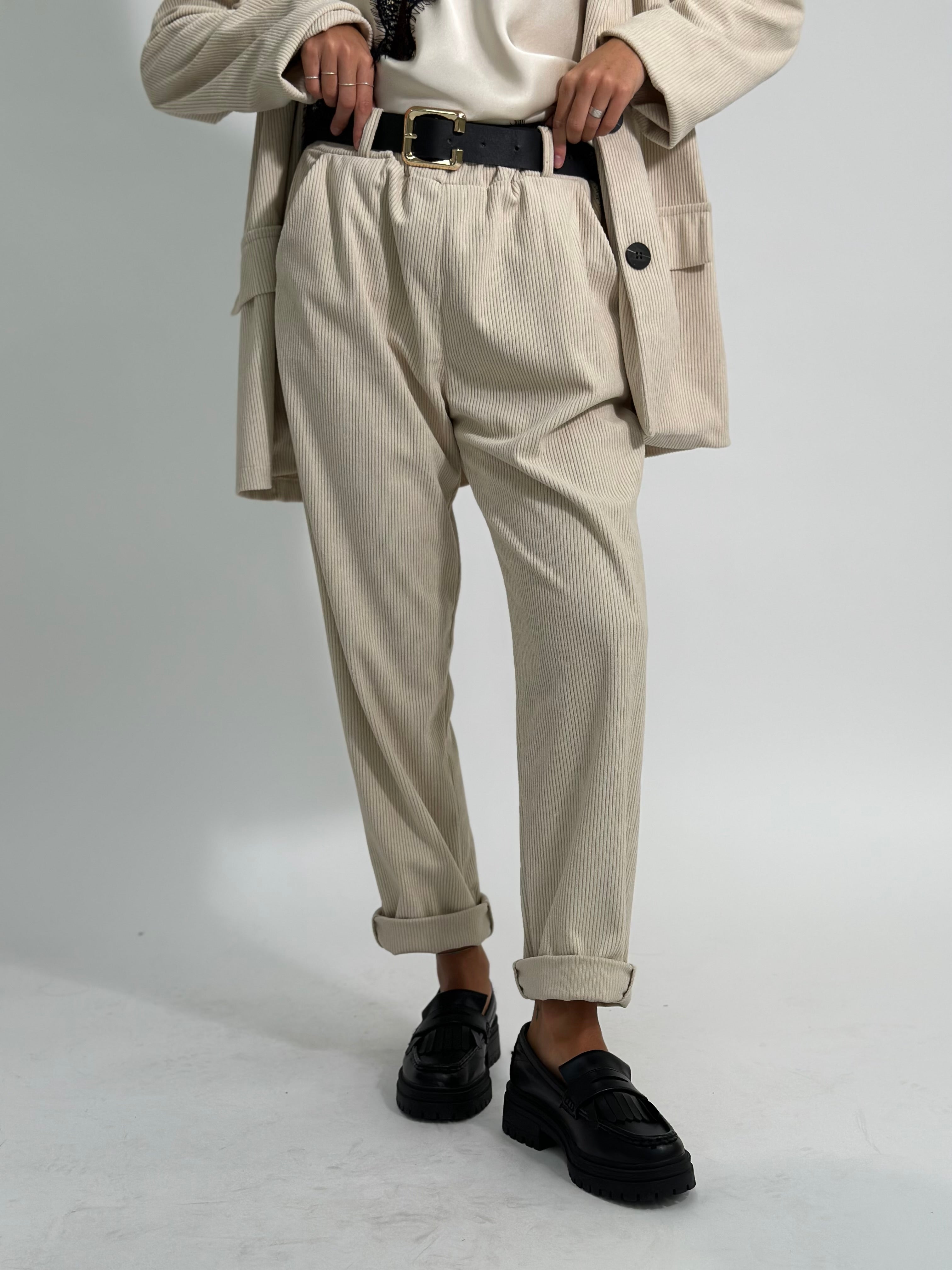 Pantalone velluto cintura 25337 PANNA