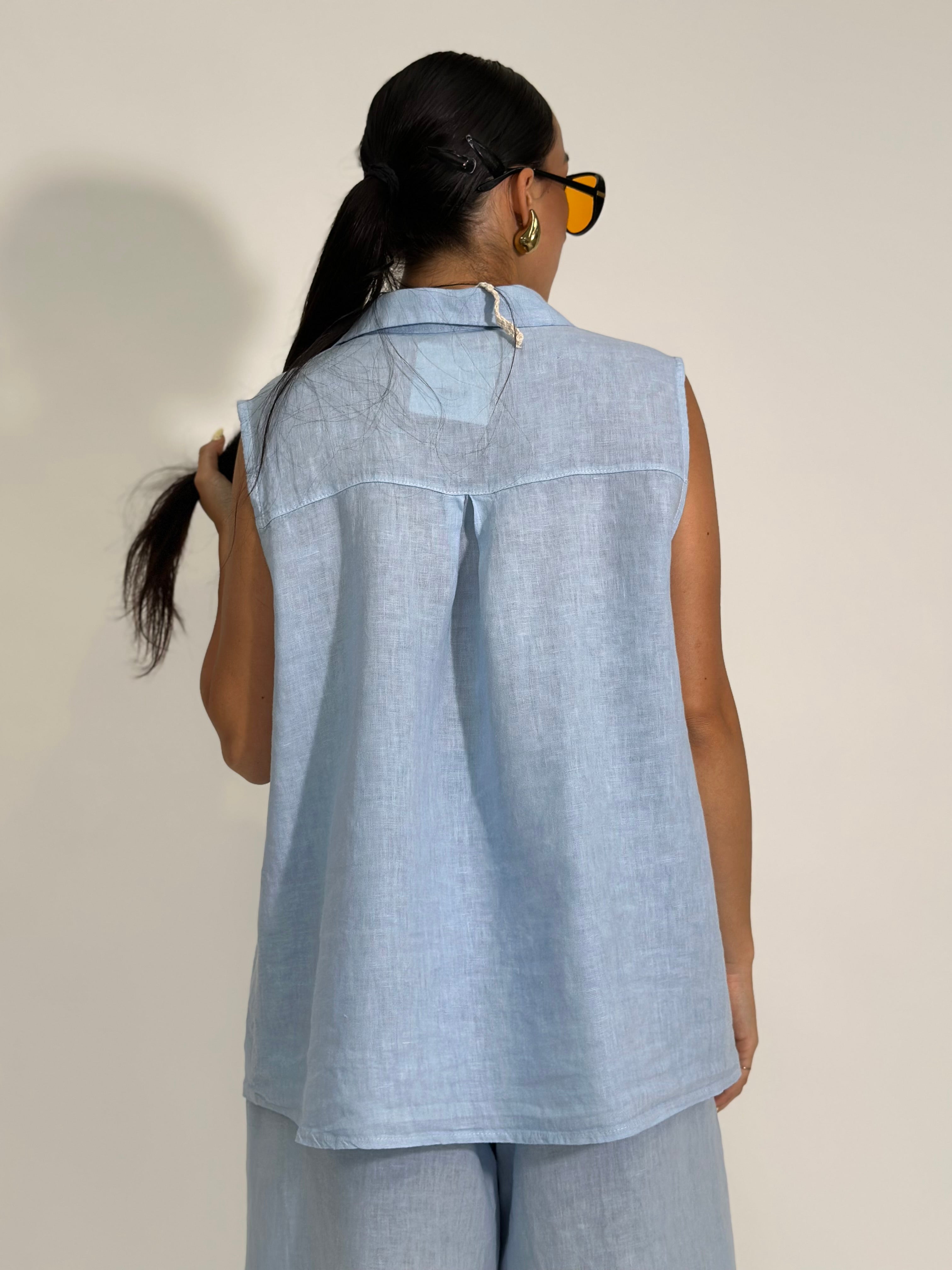 Camicia lino smanicata 5611 AZZURRO