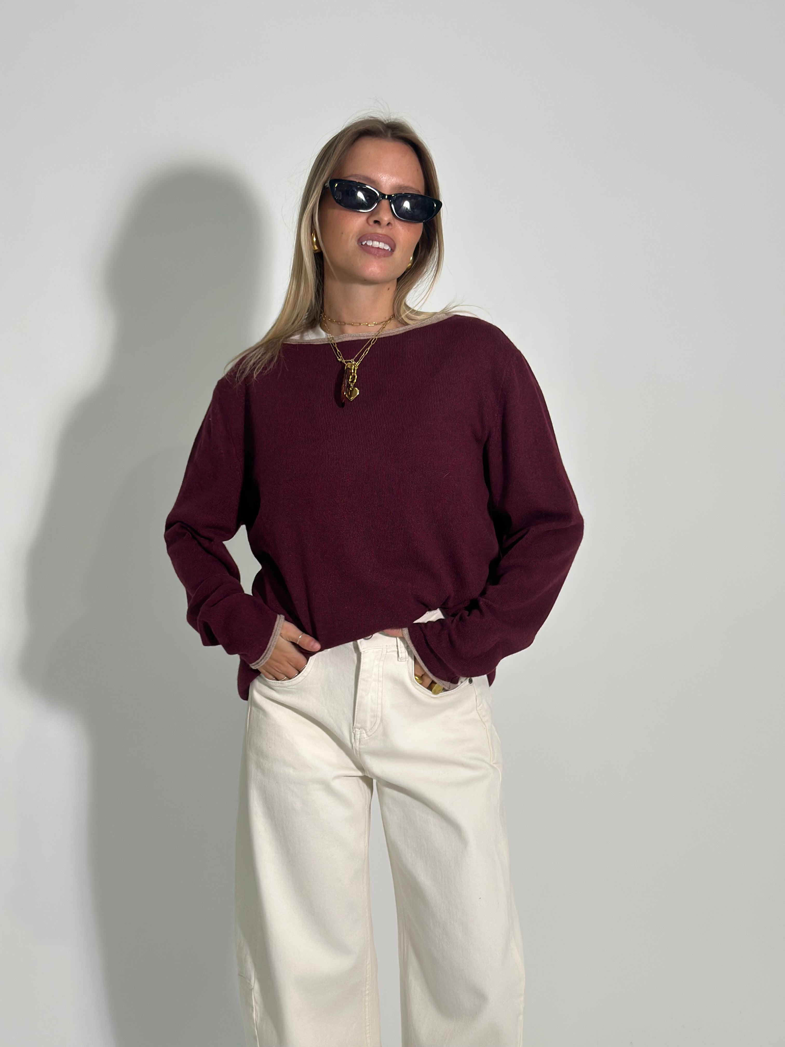 Maglia cashmere blend Bicolore 6635 BURGUNDY