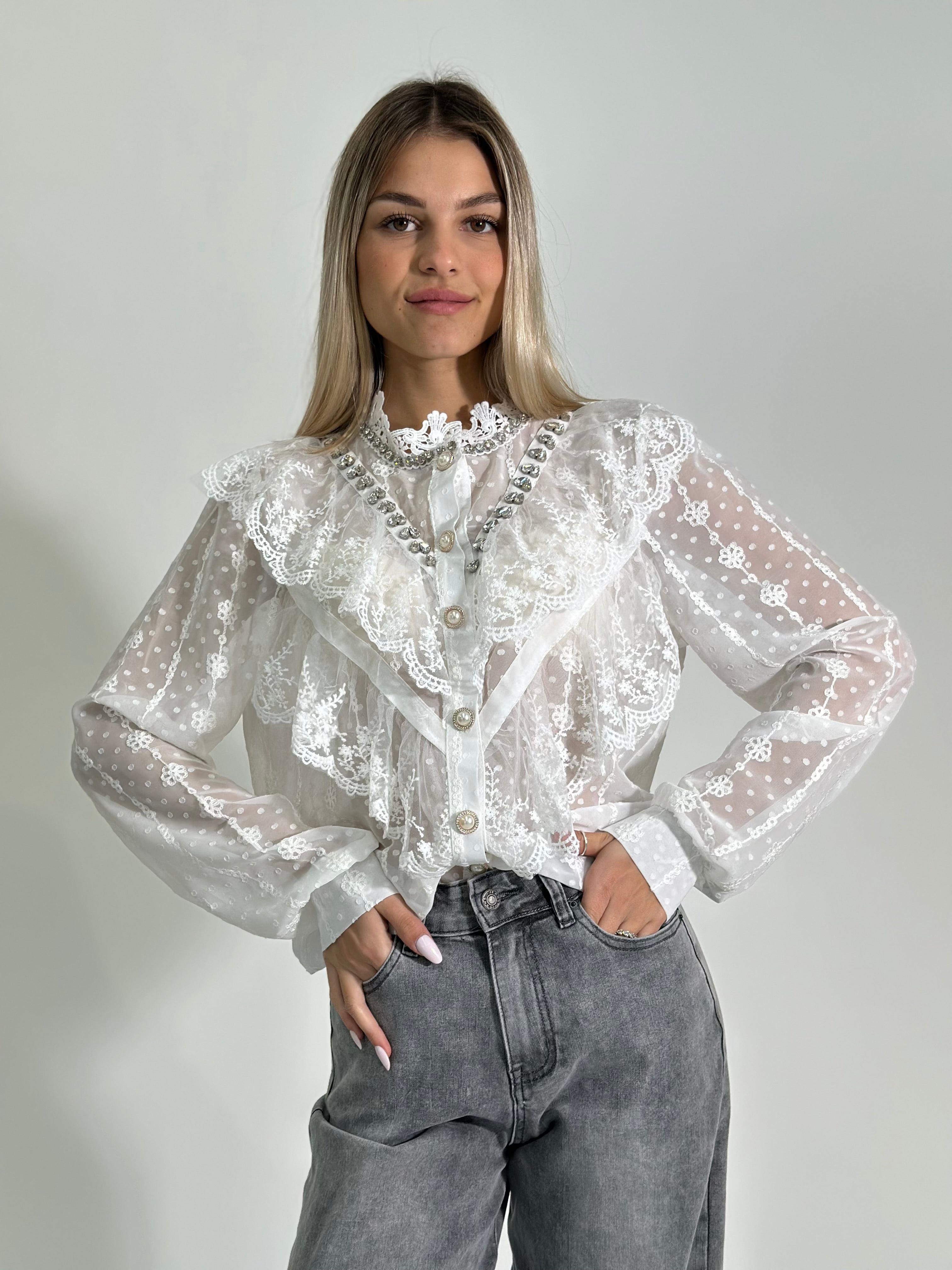 Camicia volant strass 347-1 BIANCO