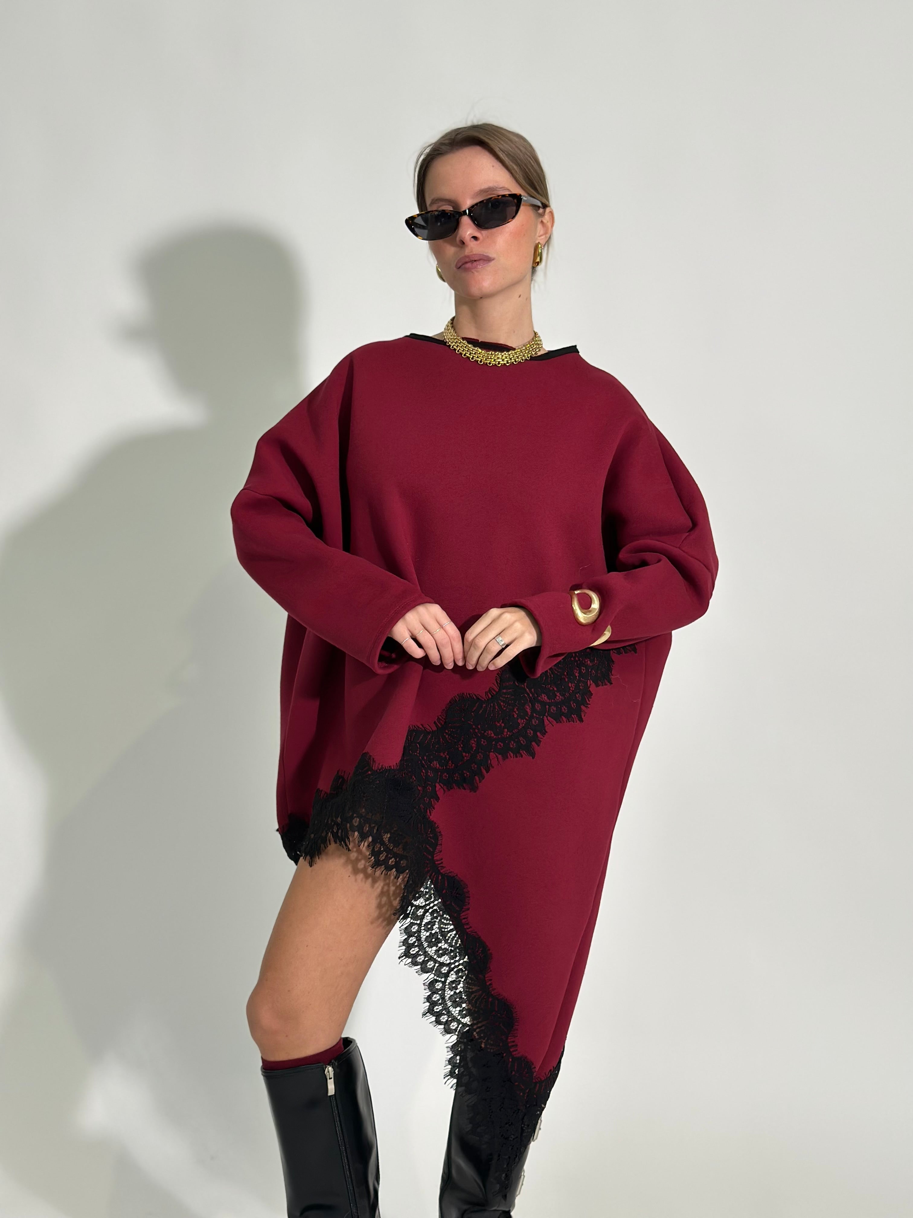 Felpa asimmetrica pizzo 80510 bordò