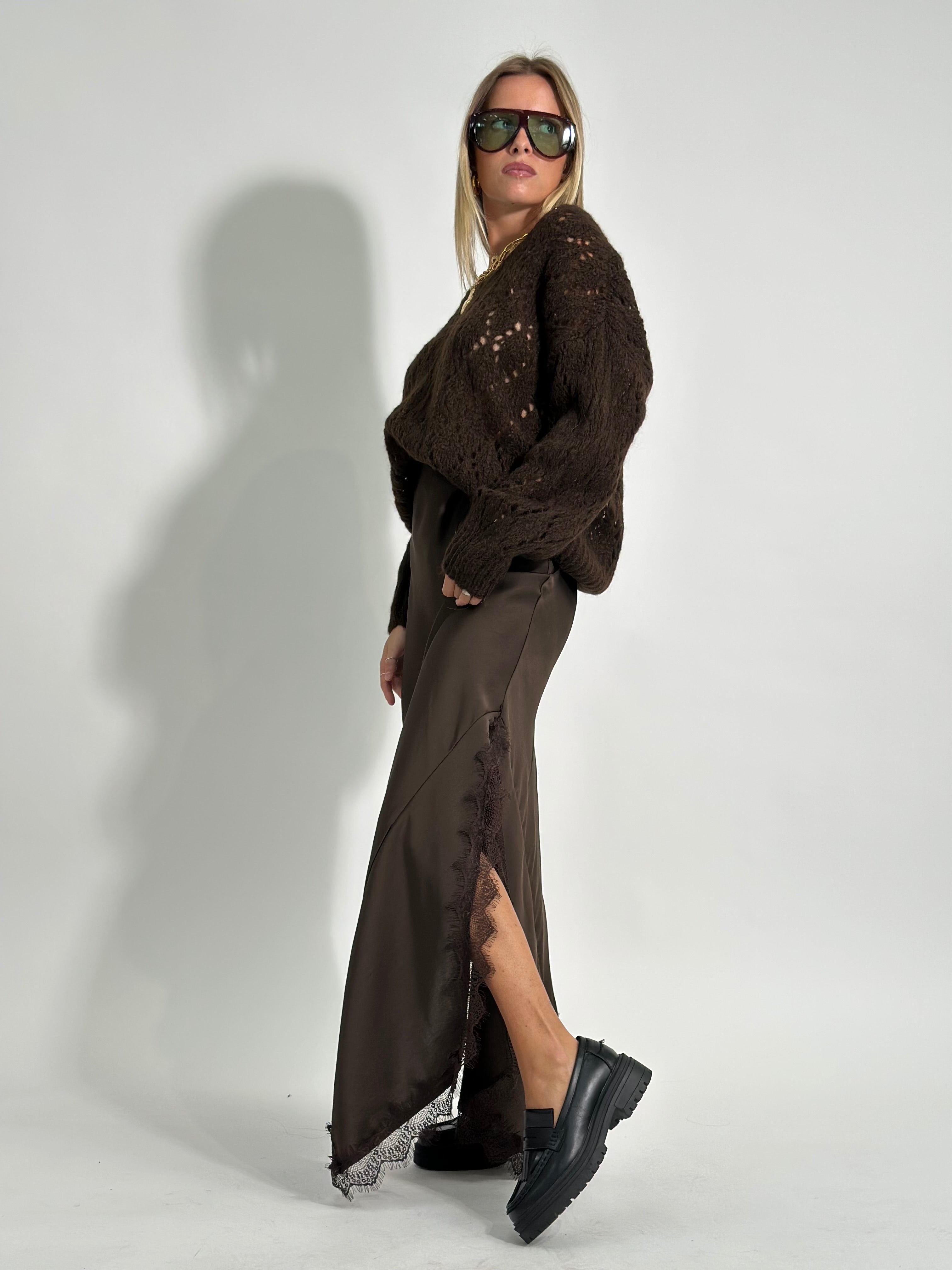 Gonna satin pizzo 19650 MARRONE
