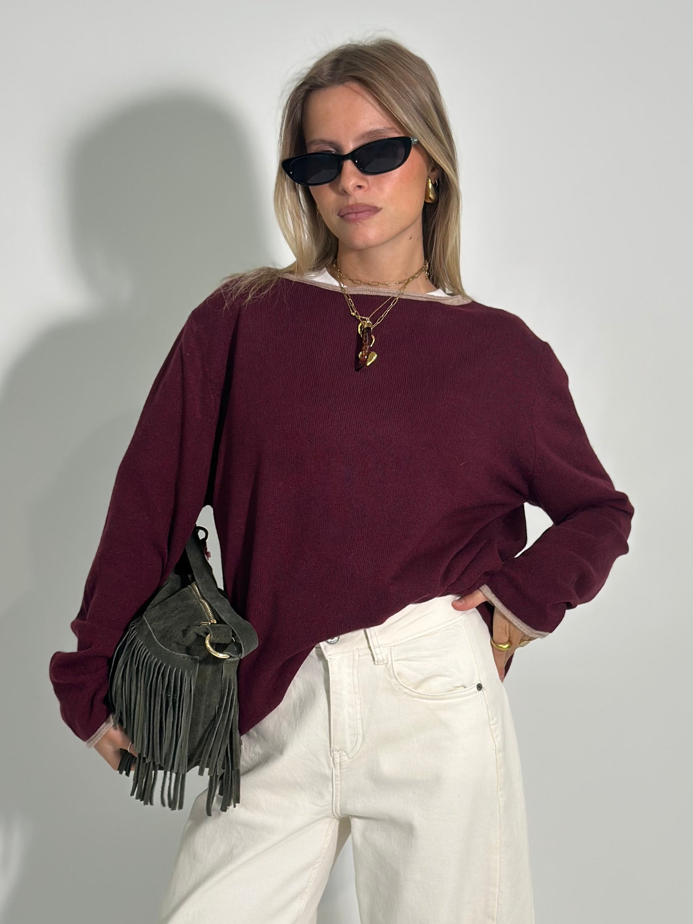 Maglia cashmere blend Bicolore 6635 BURGUNDY