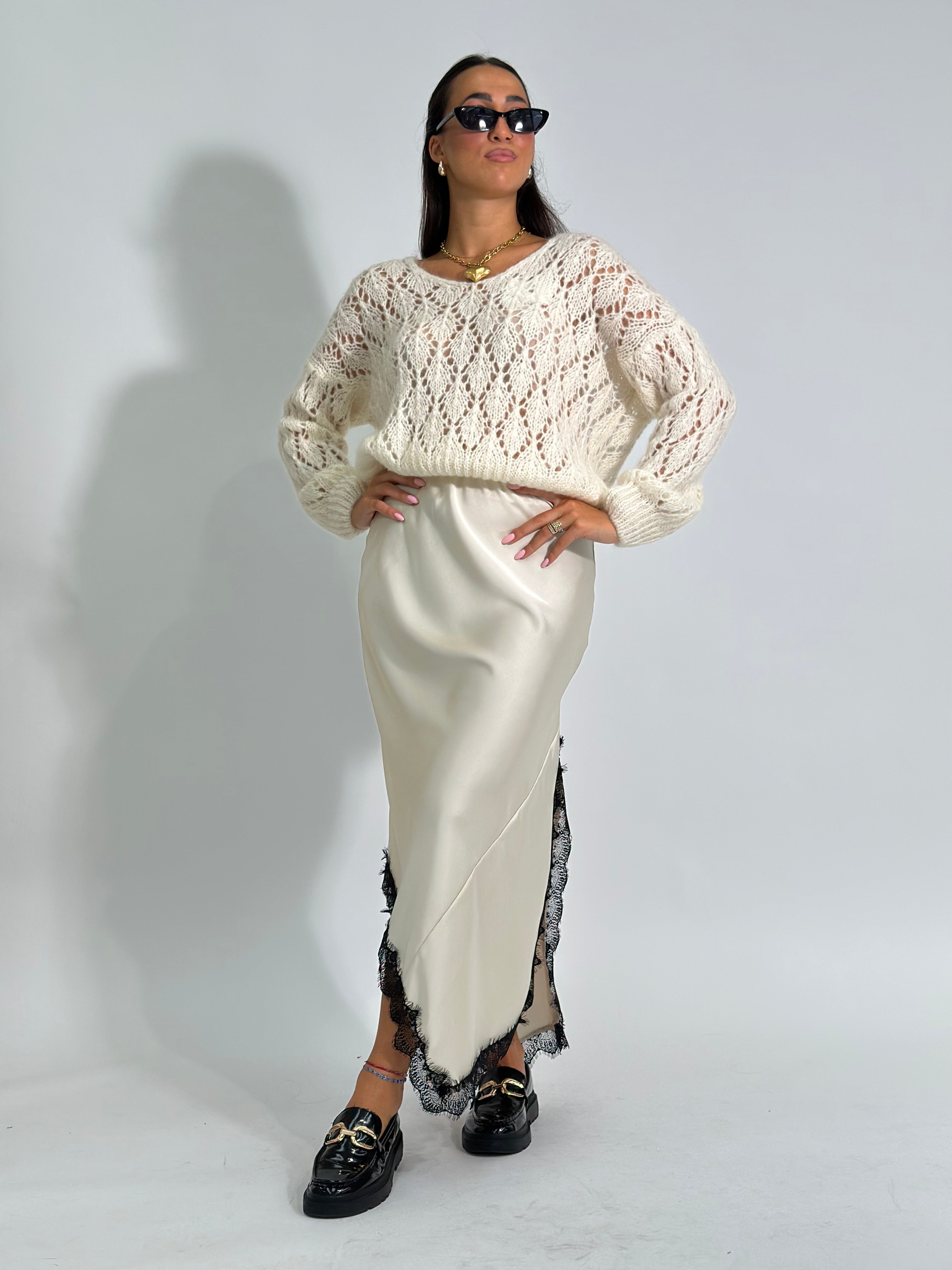 Gonna satin pizzo 19650 PANNA