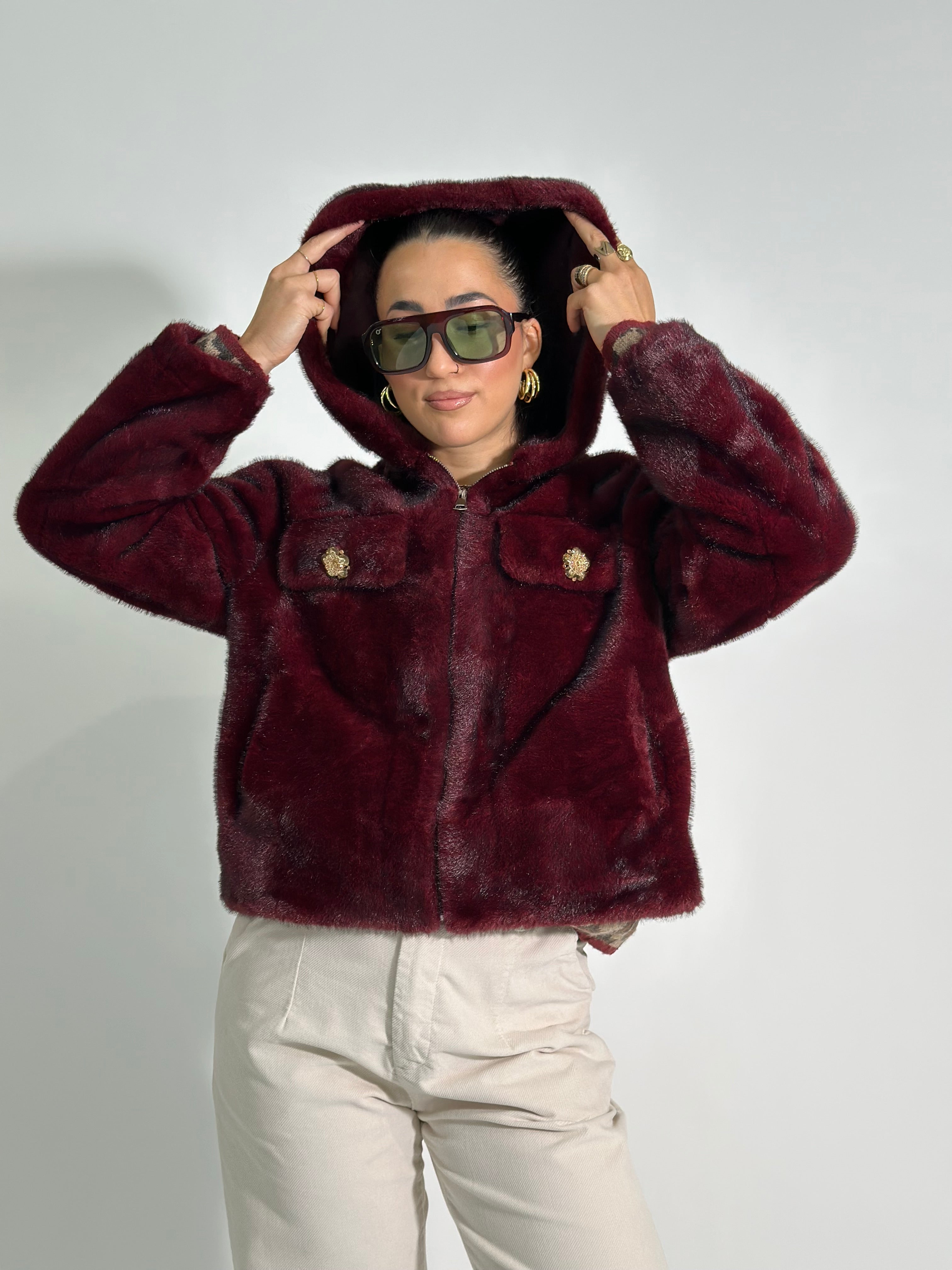 Pelliccia cappuccio 30078 BURGUNDY