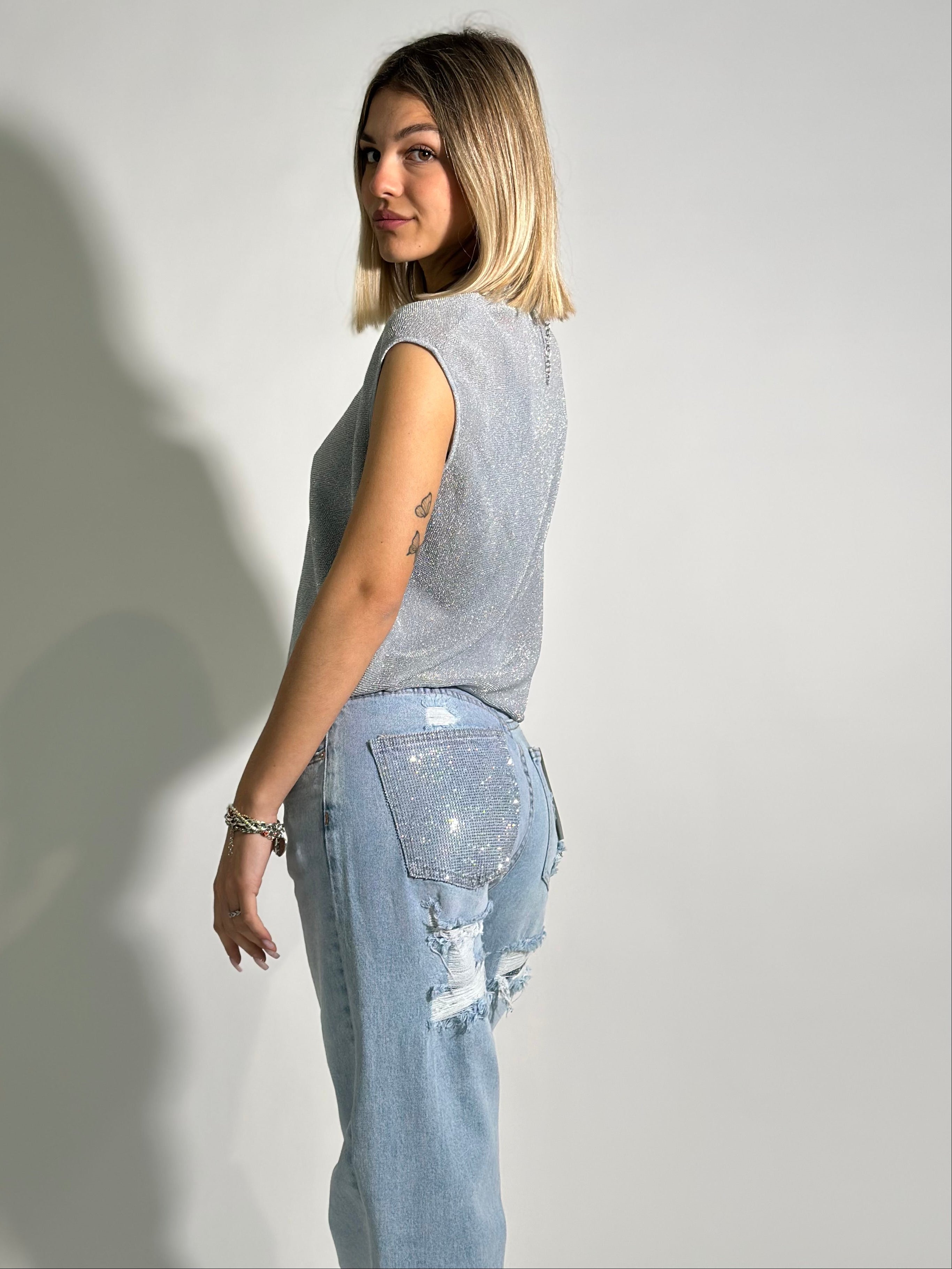 Jeans strappi + strass T63-3
