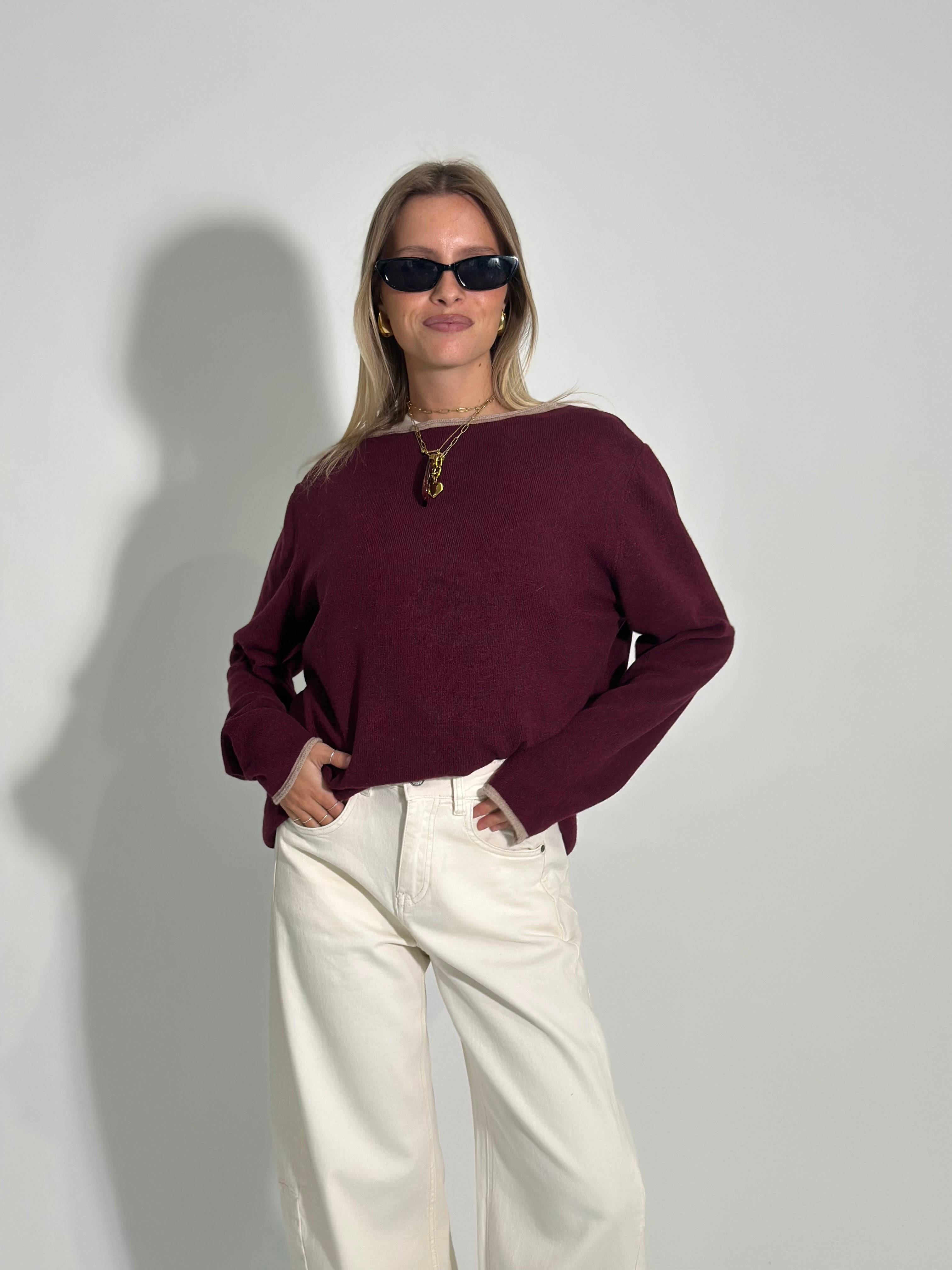 Maglia cashmere blend Bicolore 6635 BURGUNDY