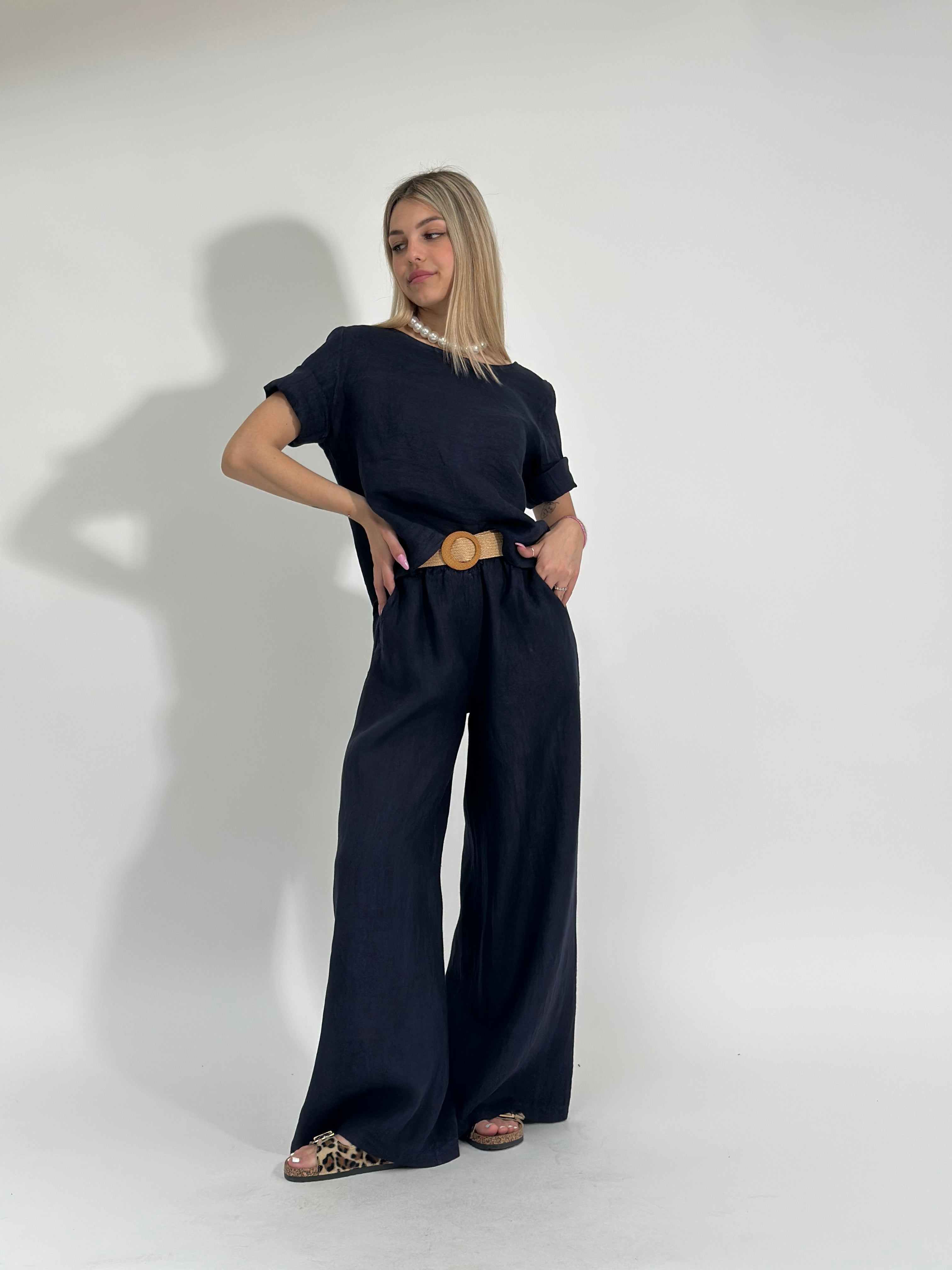 Pantalone cintura lino 96399 BLU
