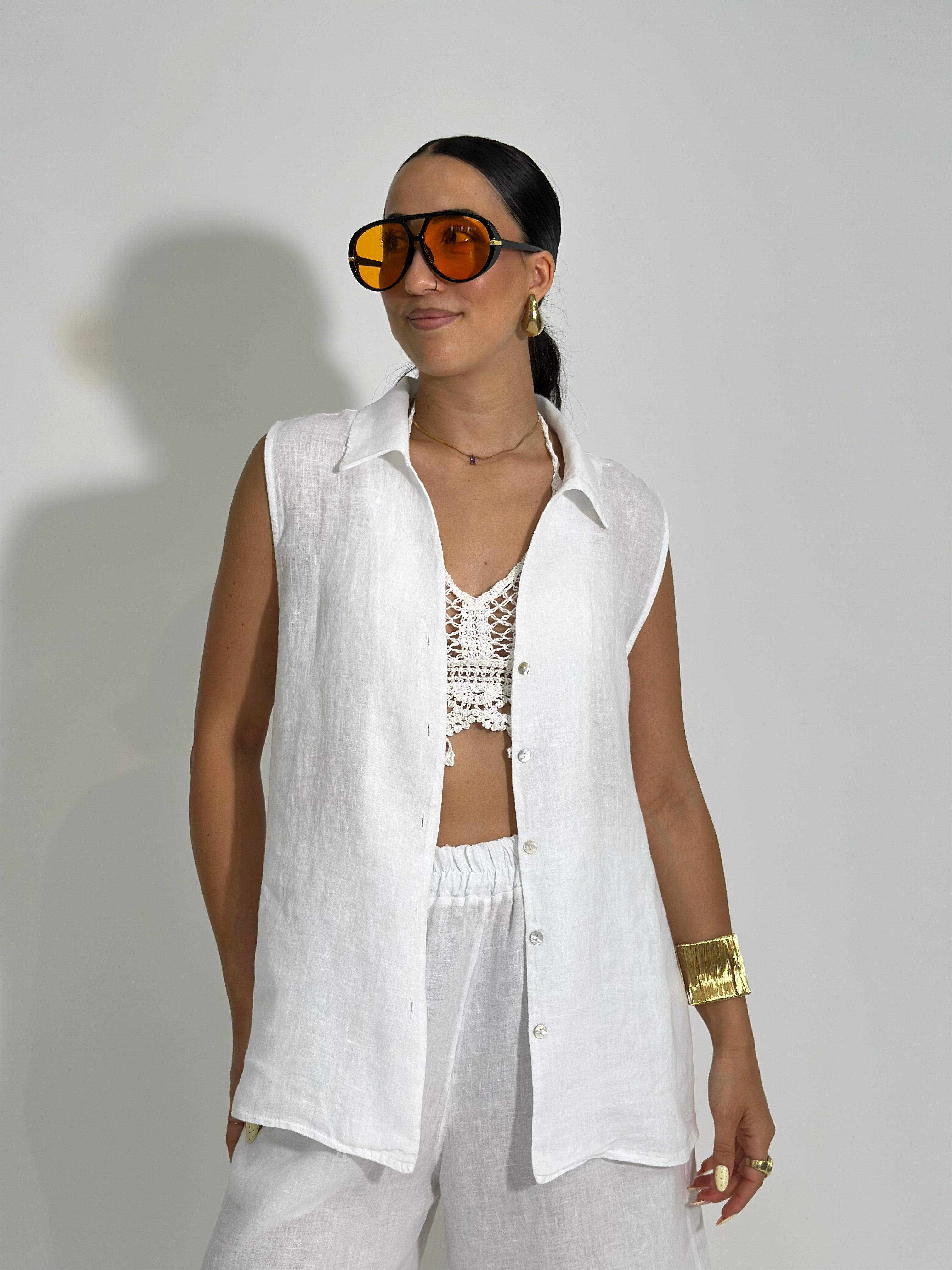 Camicia lino smanicata 5611 BIANCO