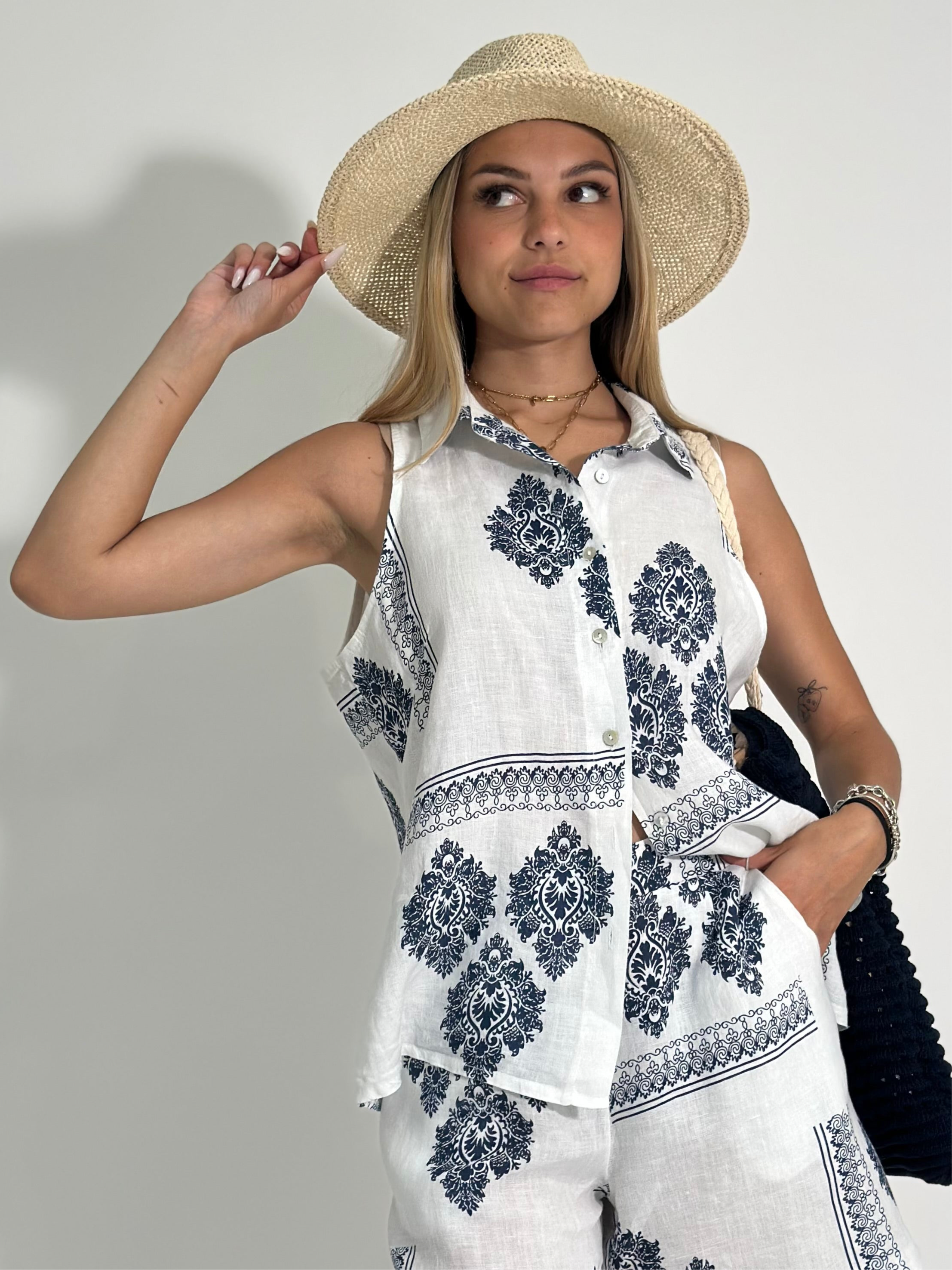 Camicia smanicata lino G637 BLU
