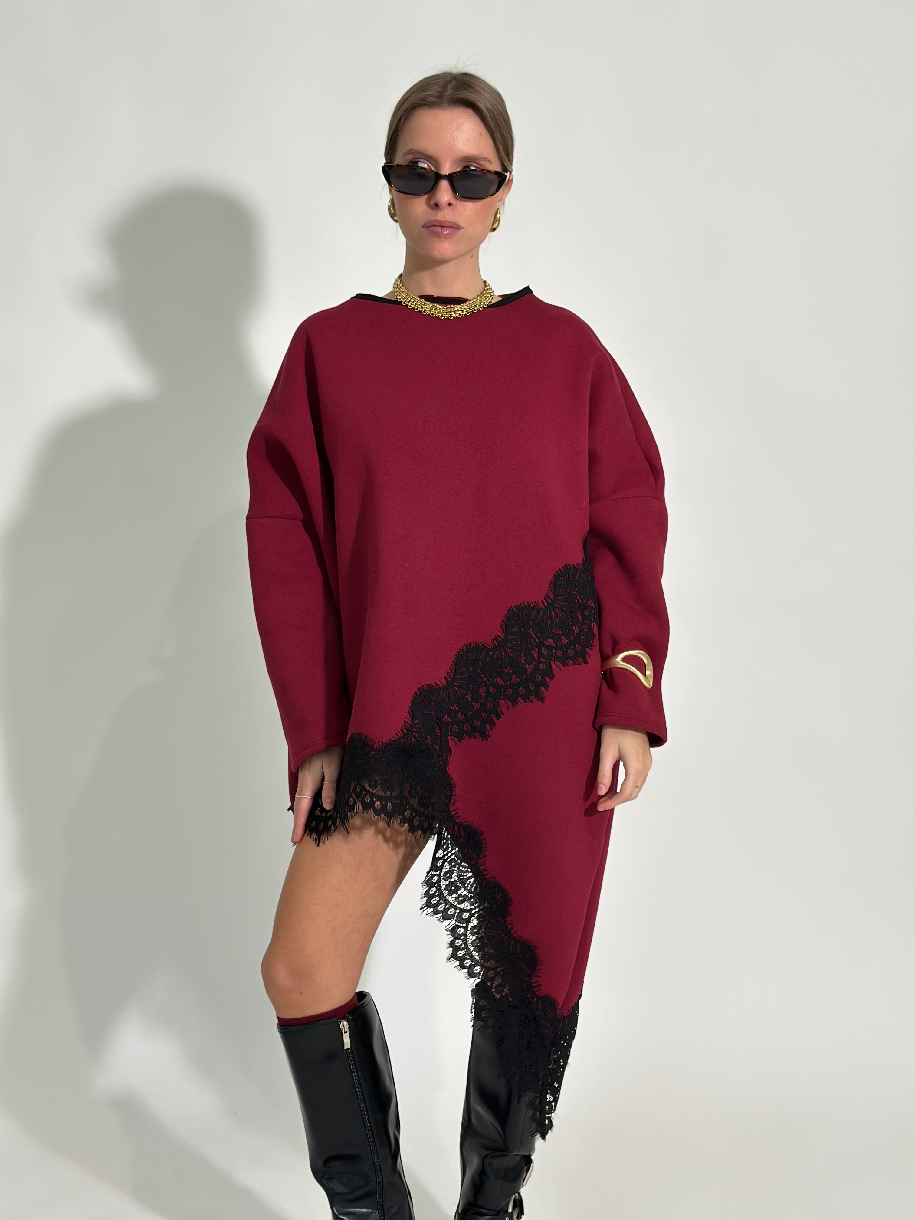 Felpa asimmetrica pizzo 80510 bordò