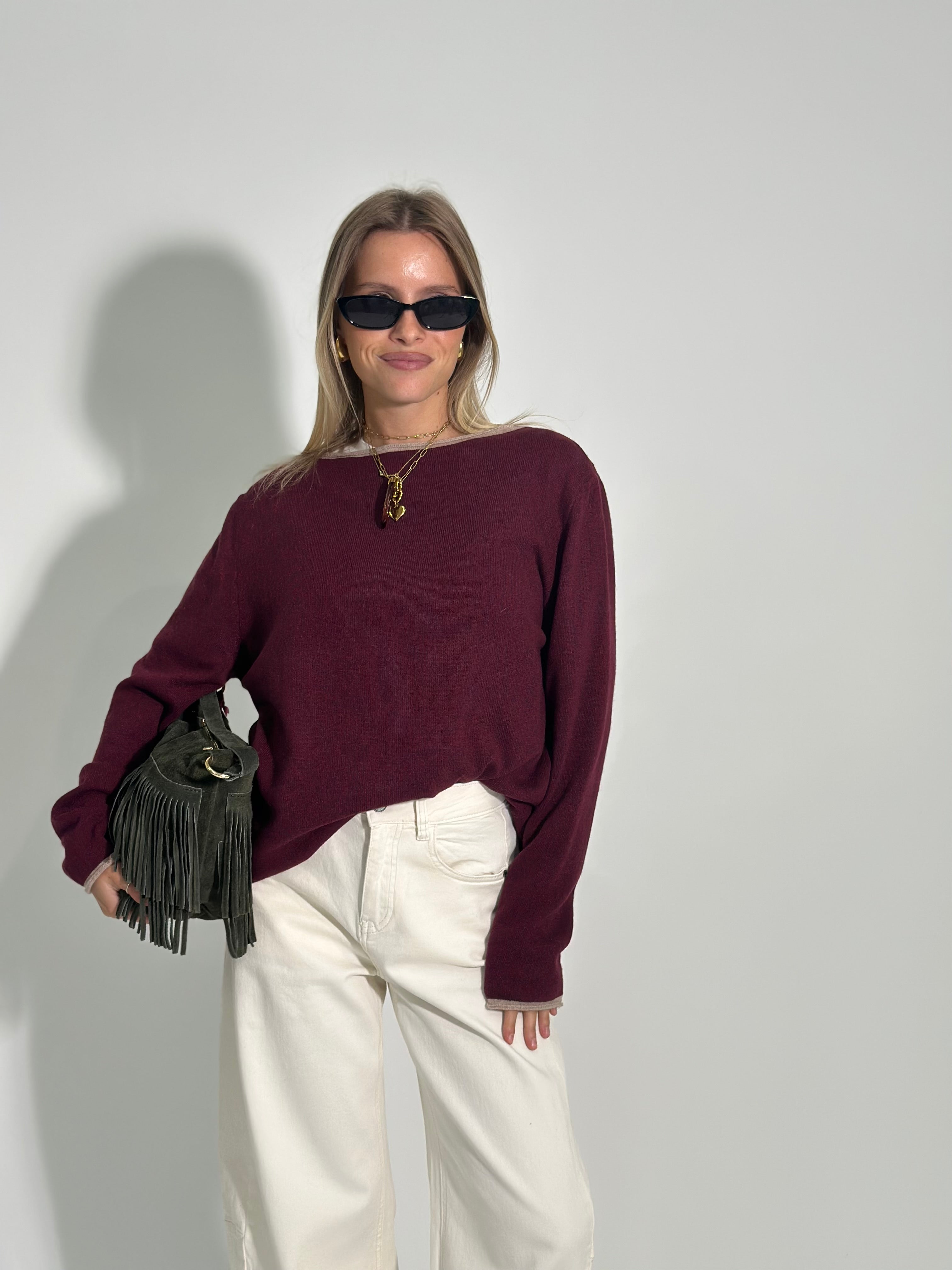 Maglia cashmere blend Bicolore 6635 BURGUNDY