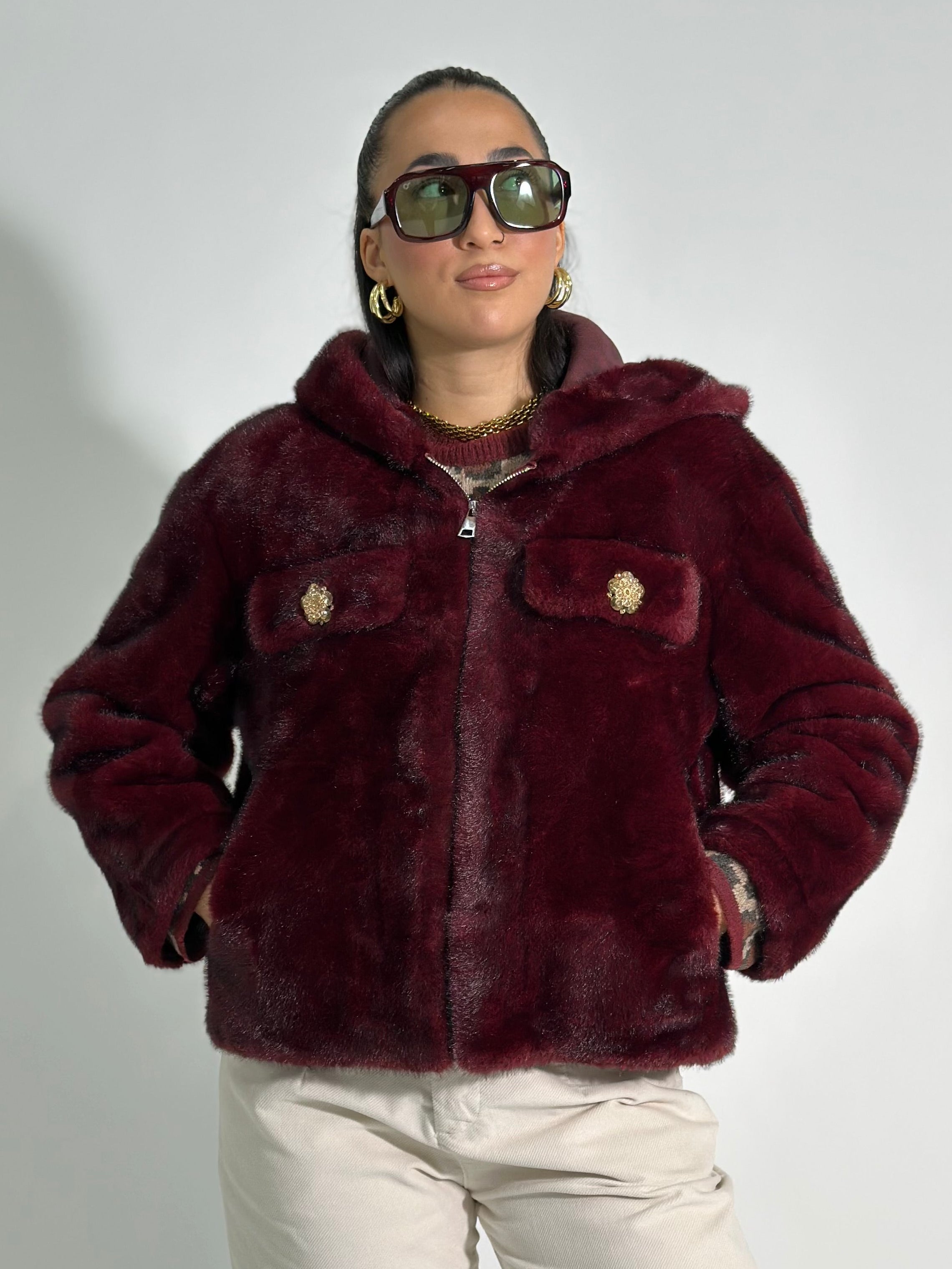 Pelliccia cappuccio 30078 BURGUNDY