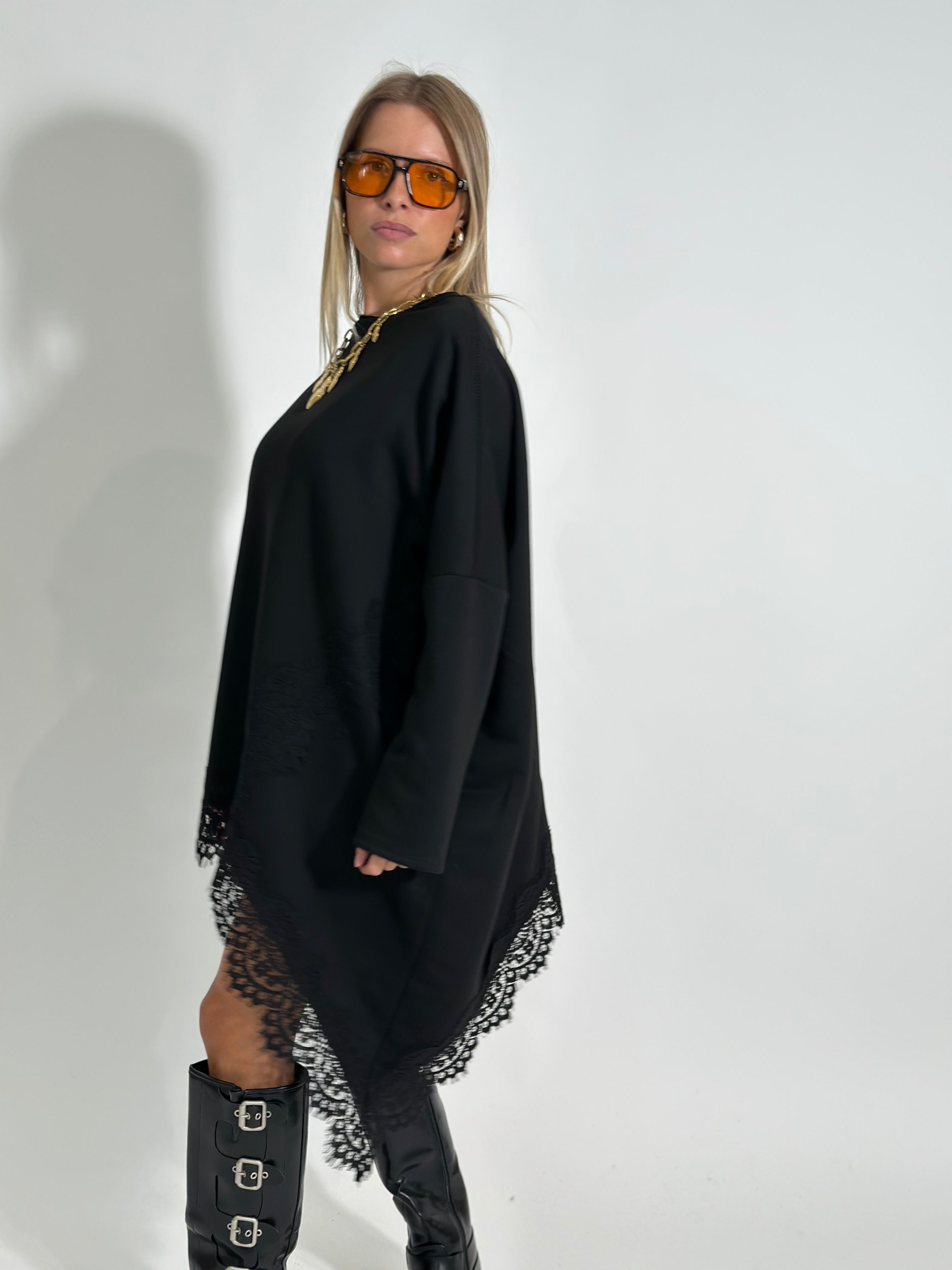 Felpa asimmetrica pizzo 80292 NERO