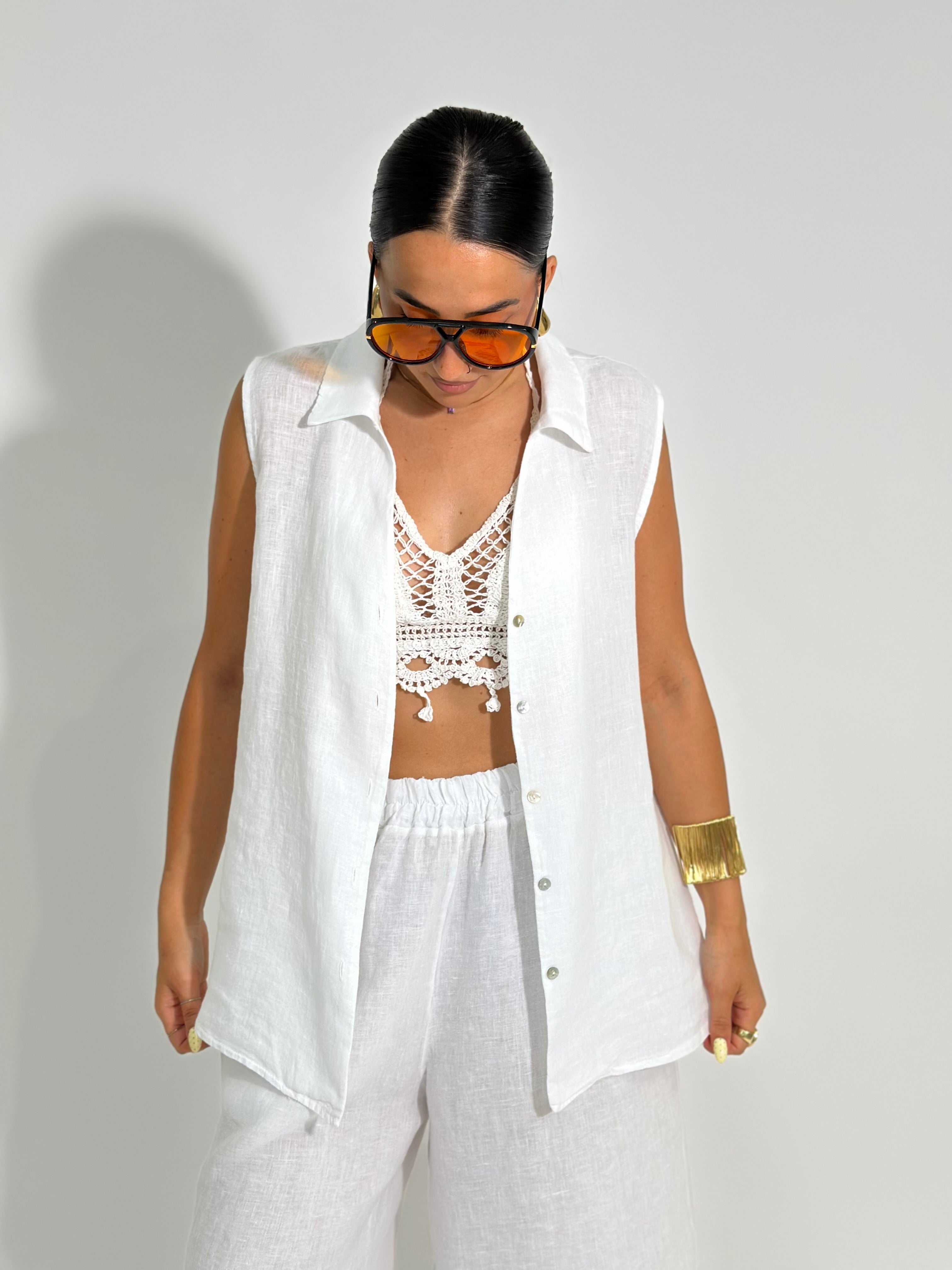 Camicia lino smanicata 5611 BIANCO