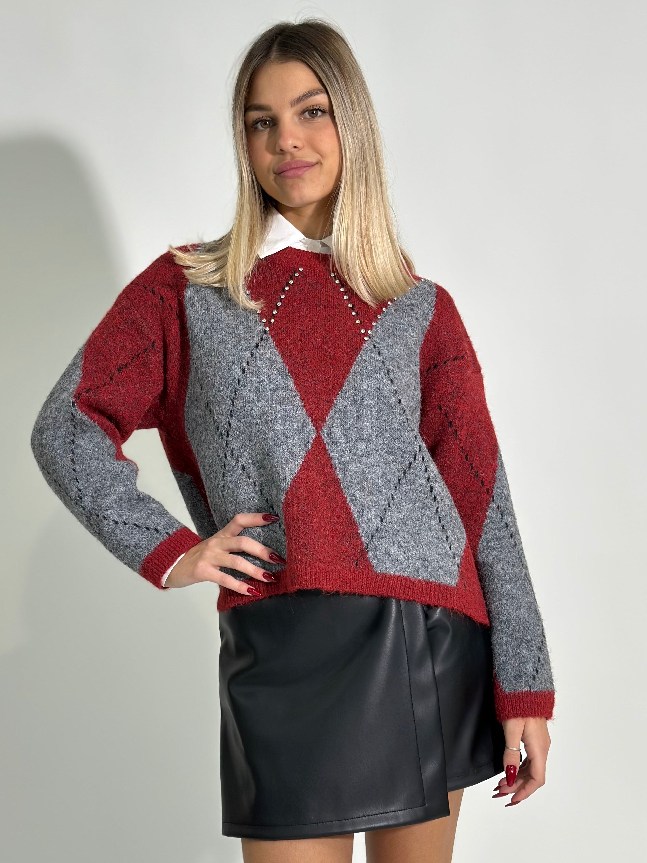 Maglia rombi strass 947 ROSSO GRIGIO