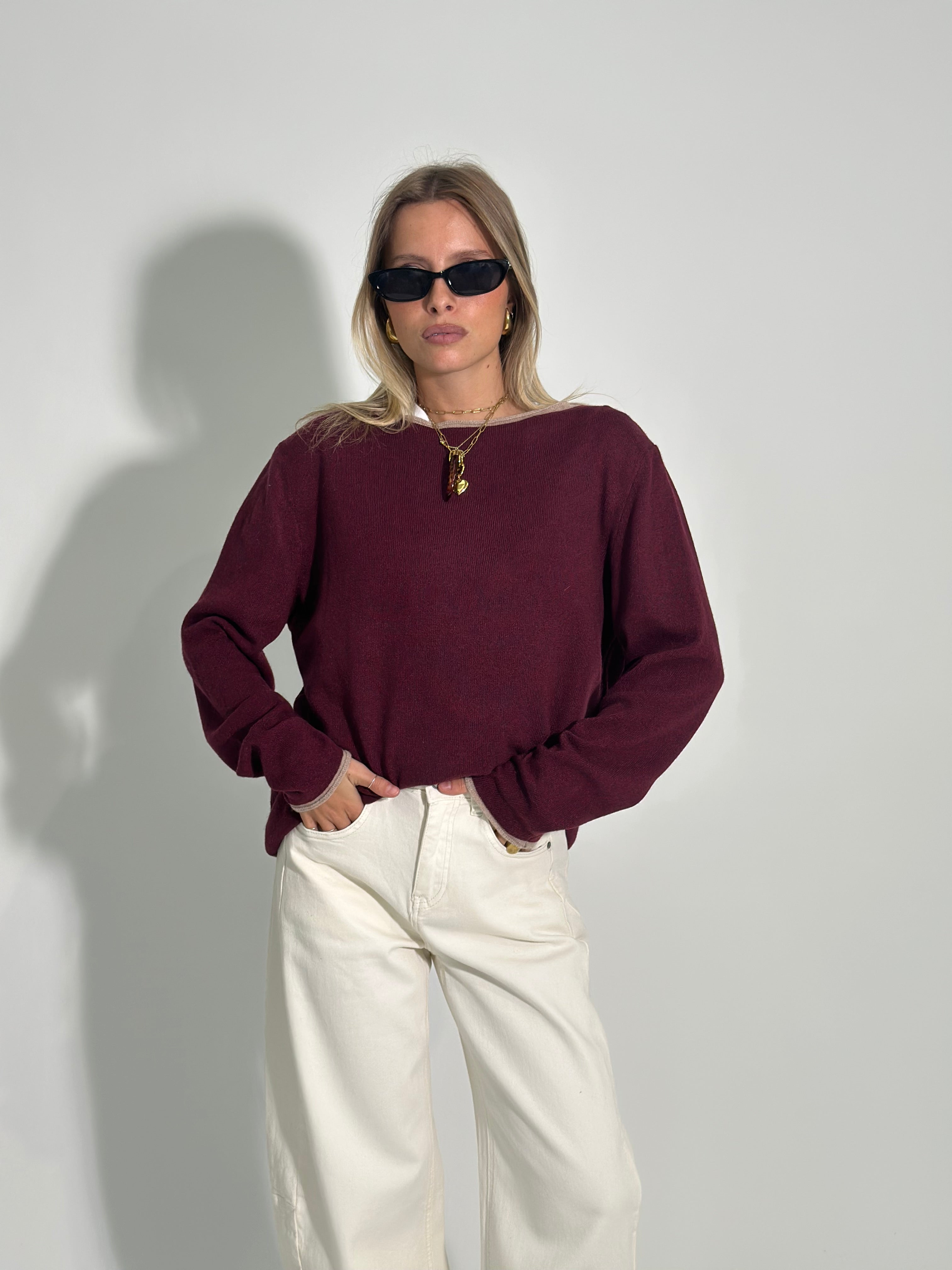 Maglia cashmere blend Bicolore 6635 BURGUNDY