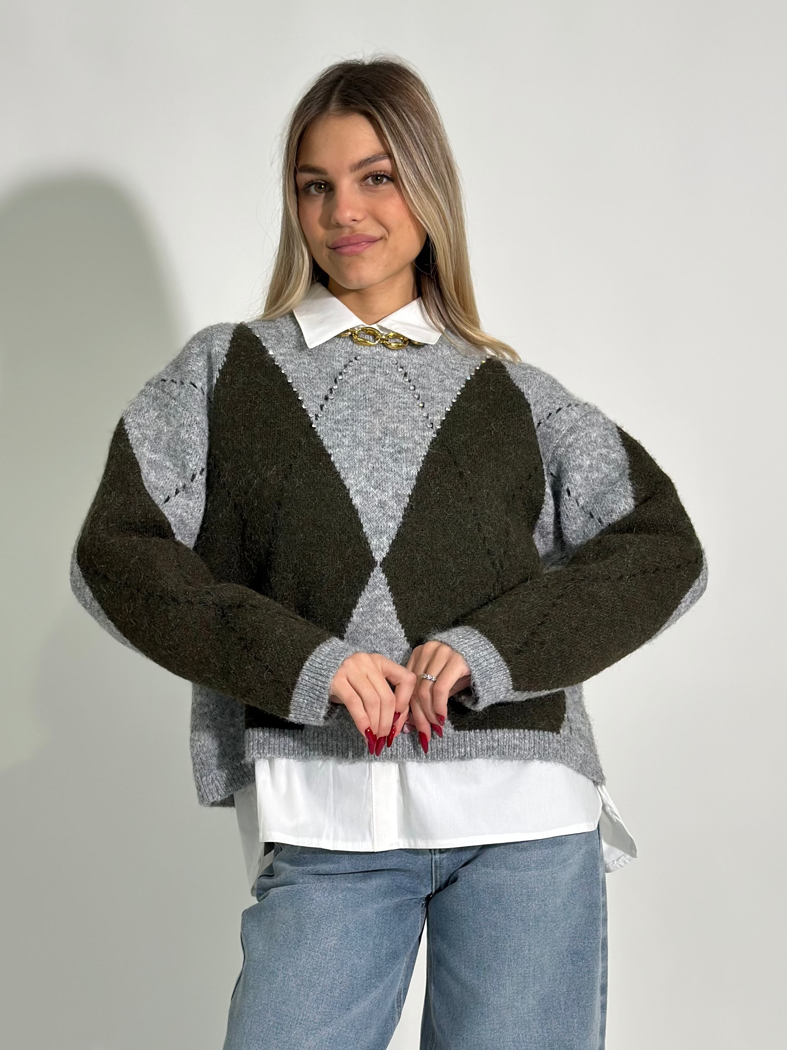 Maglia rombi strass 947 GRIGIO VERDE