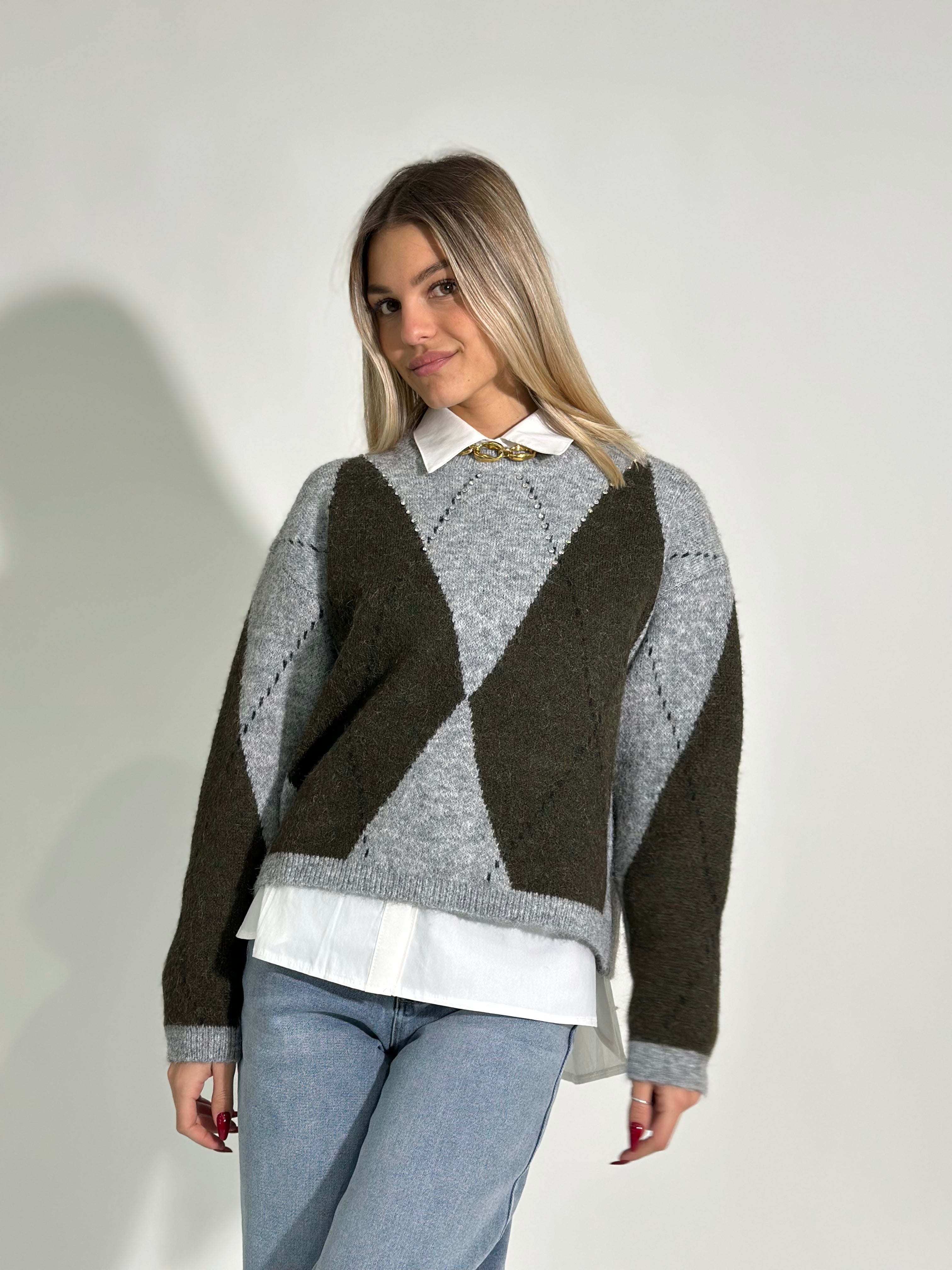 Maglia rombi strass 947 GRIGIO VERDE