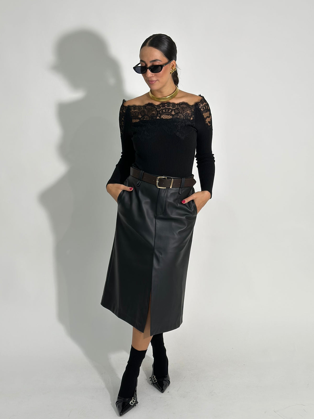Gonna ecopelle spacco 0622 NERO