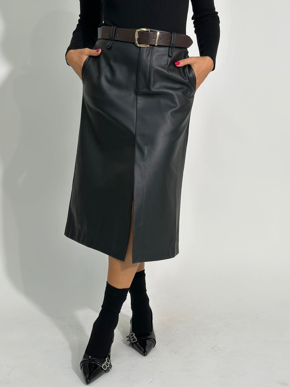 Gonna ecopelle spacco 0622 NERO